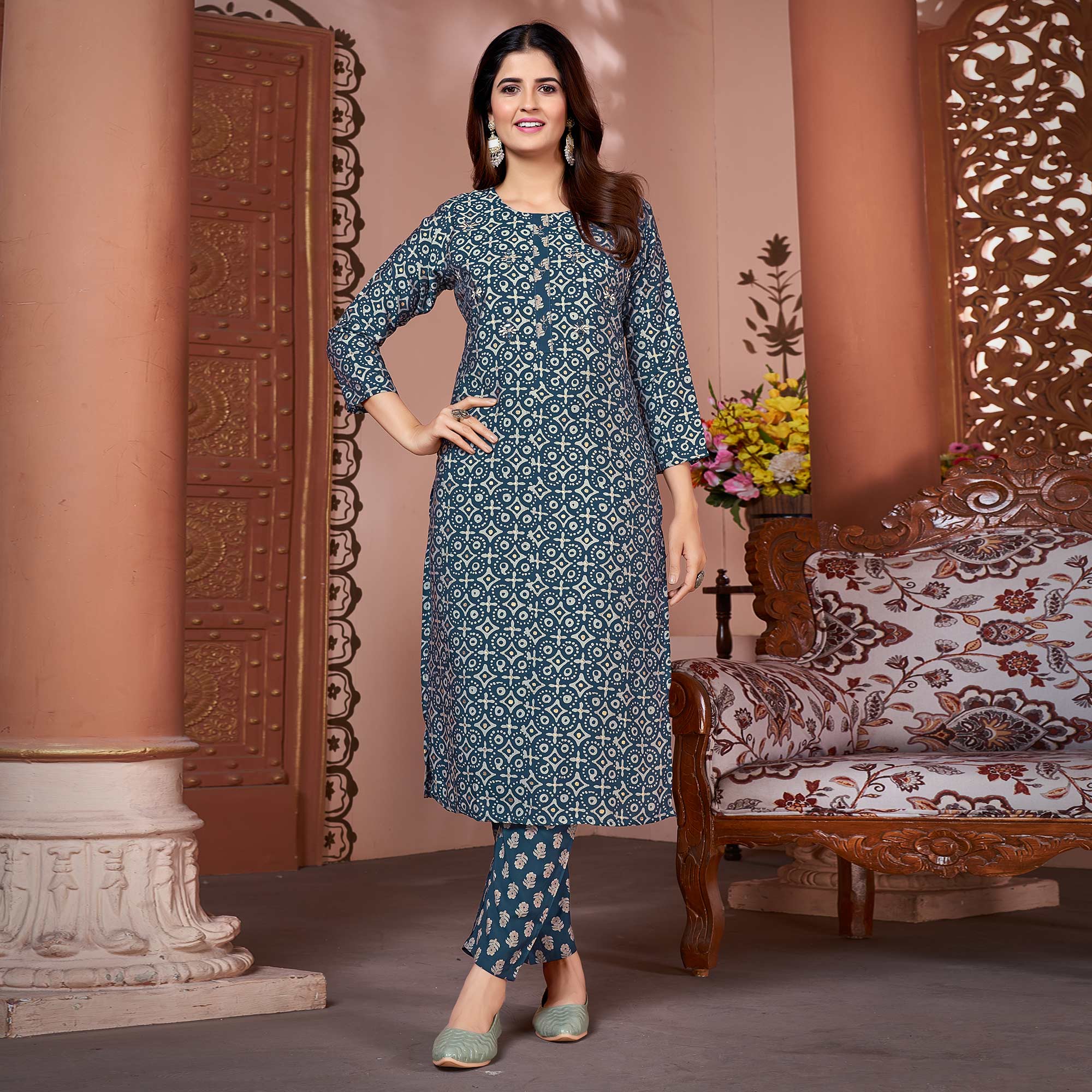 Peachmode Seller Morpich Blue Foil Printed Viscose Straight Kurti Sets - view 2