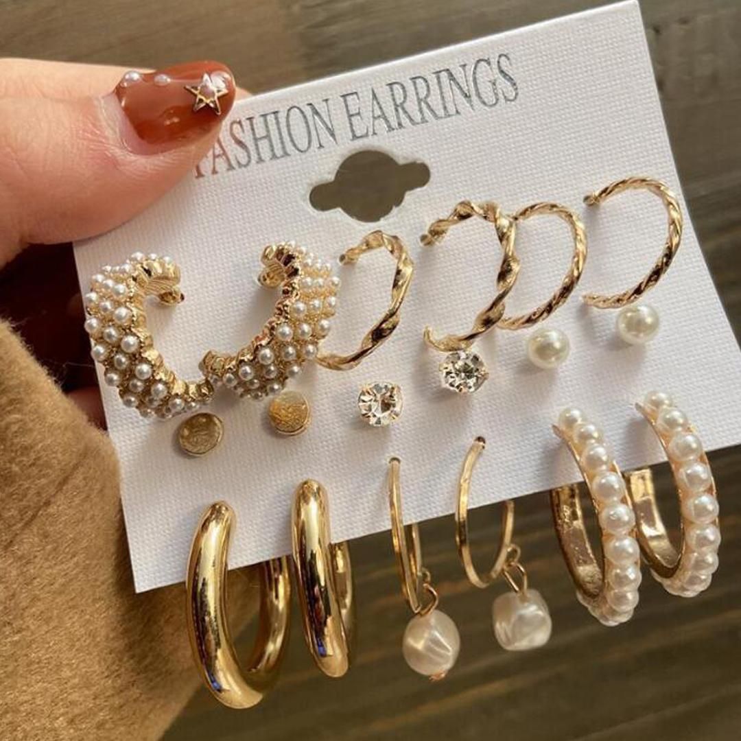 Roposo Clout Stylish Gold Plated Pearl Studs & Hoop Earrings (Combo Of 9)