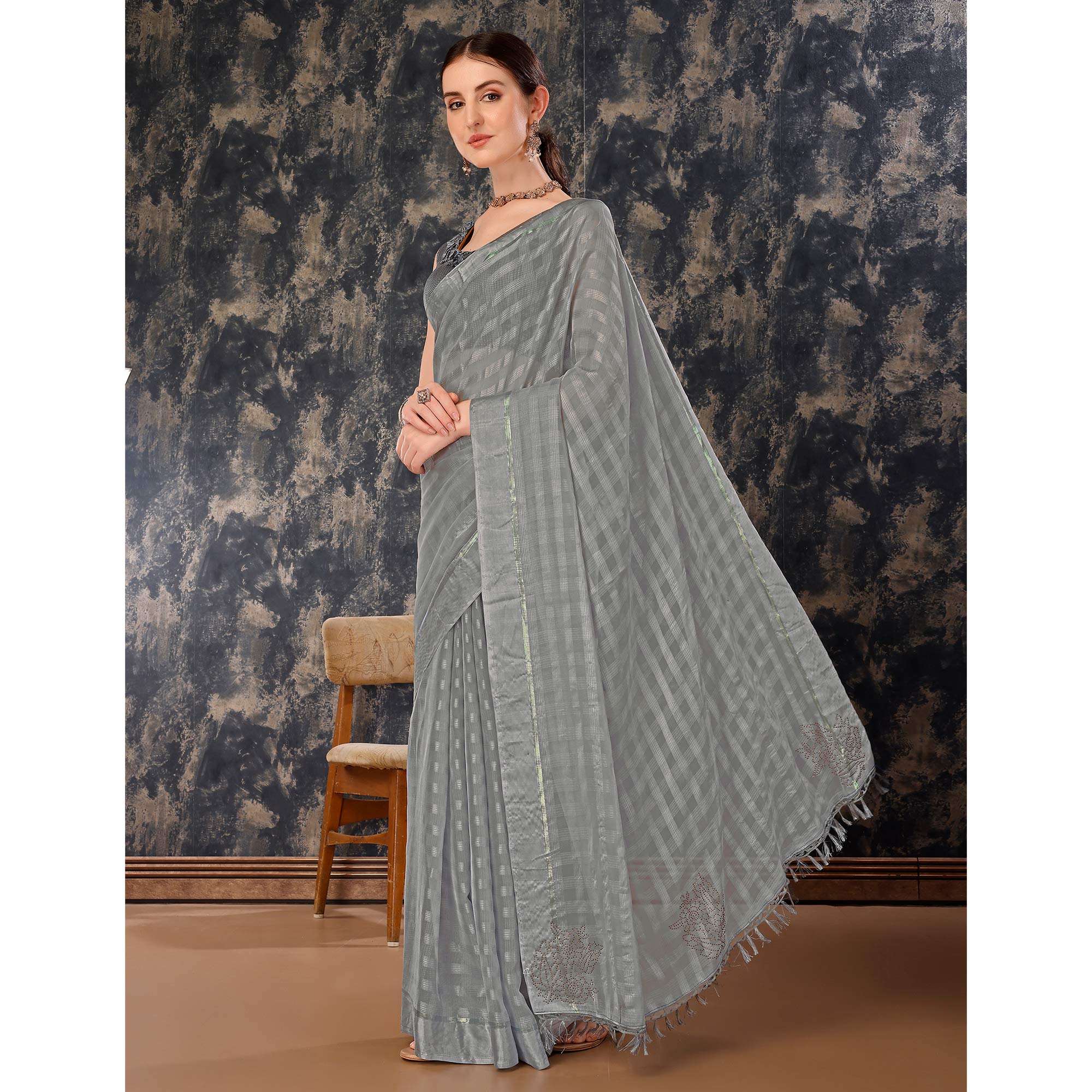Peachmode Grey Swarovski Work Chiffon Saree With Tassels - view 4