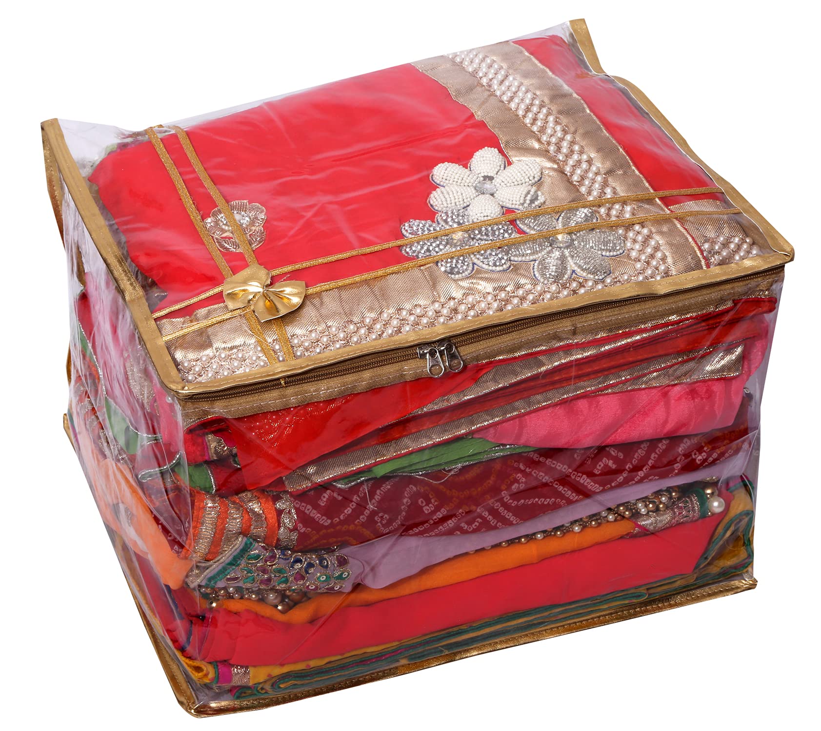 Kuber IndustriesBow Design 12"inch Transparent Saree Cover/Clothes Organiser For Wardrobe With Golden Border (Set of 3,Gold)-HS_38_KUBMART21544 - view 2