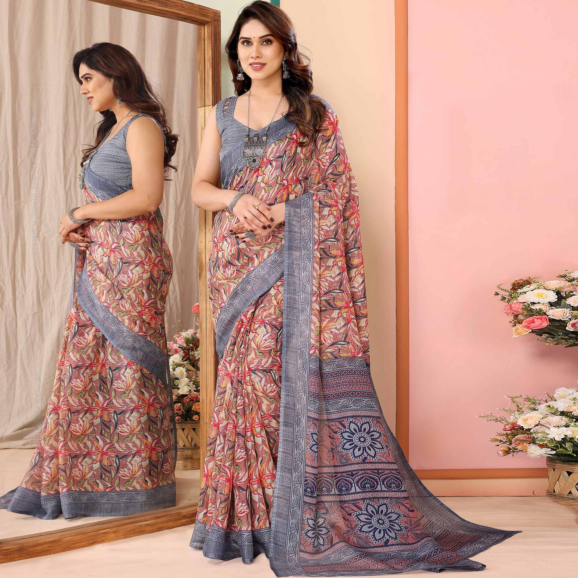 Peachmode Mauve & Grey Floral Printed Kota Doria Saree