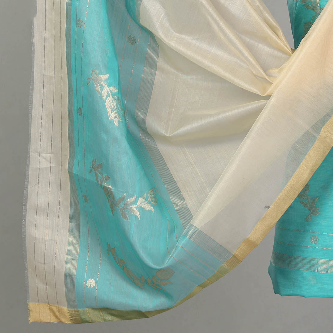 CHANDERI BY RAUPH KHAN Green - 3pc Chanderi Silk Cotton Handloom Flower Zari Buta Suit Material Set - view 4