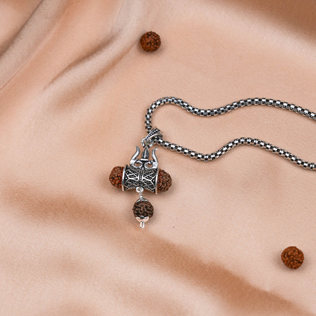 Prinjal Jewellers Rudraksha Trishul and Damru Pendant with Silver Chain