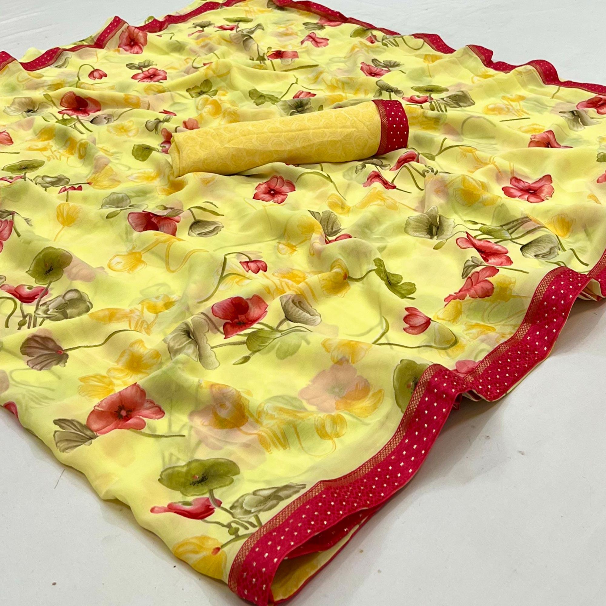 Peachmode Lemon Yellow Digital Printed Georgette Saree
