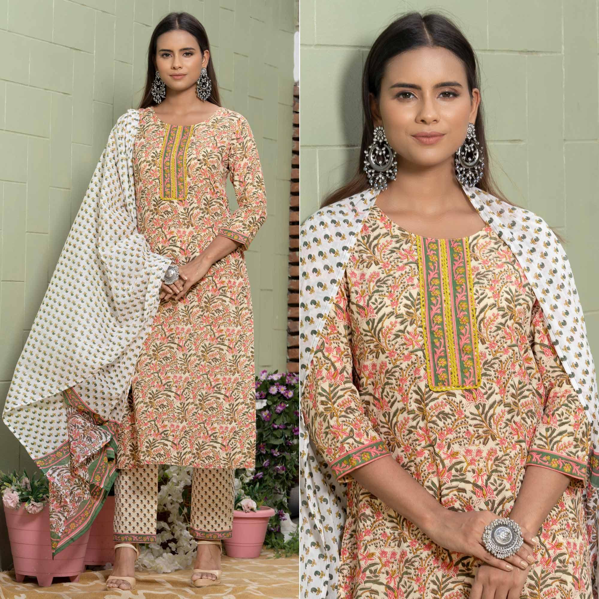 Peachmode Cream Floral Printed Cotton Blend Kurti Pant Set With Dupatta