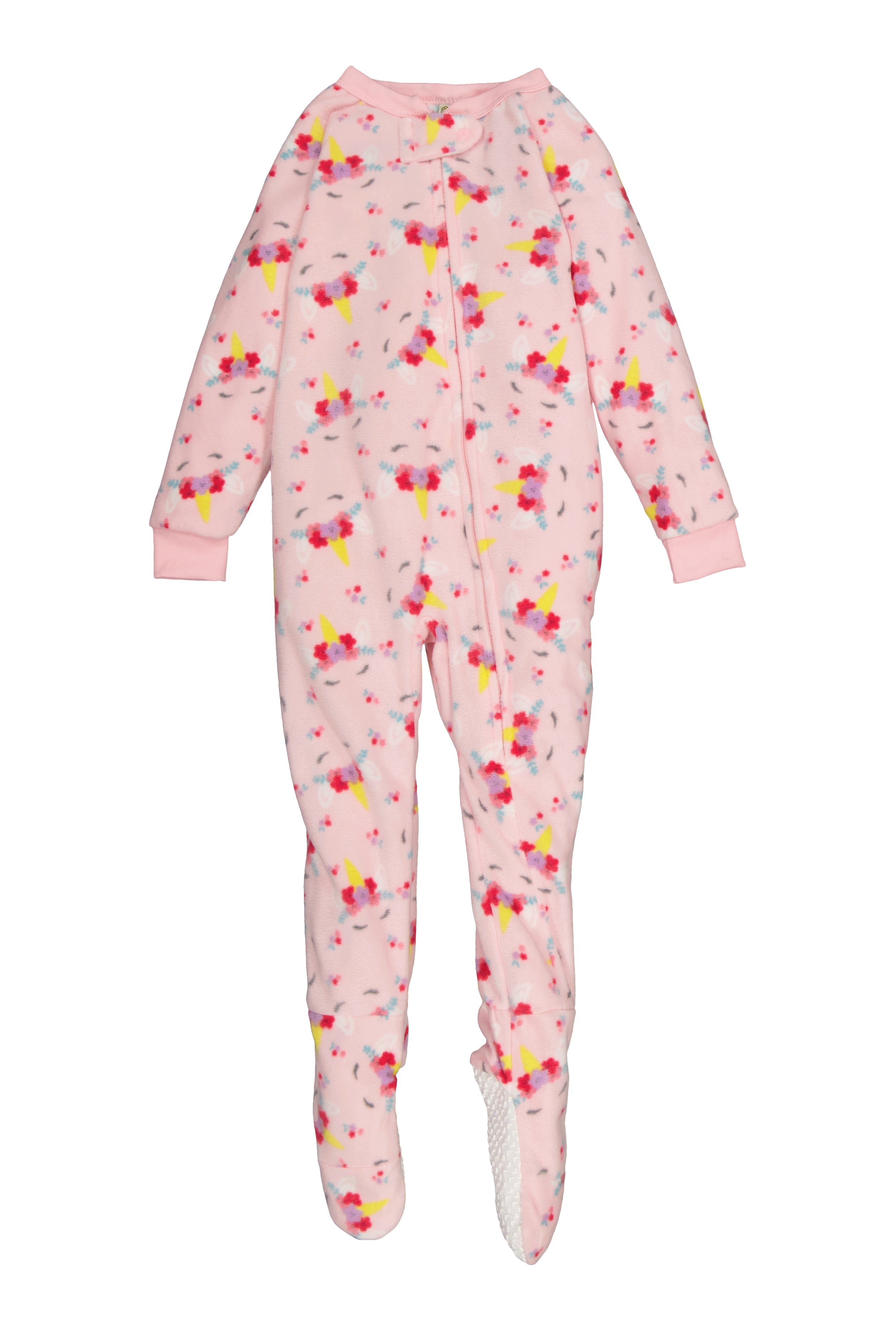 Rainbow Shops Girls Fleece Unicorn Floral Print Footed Pajamas