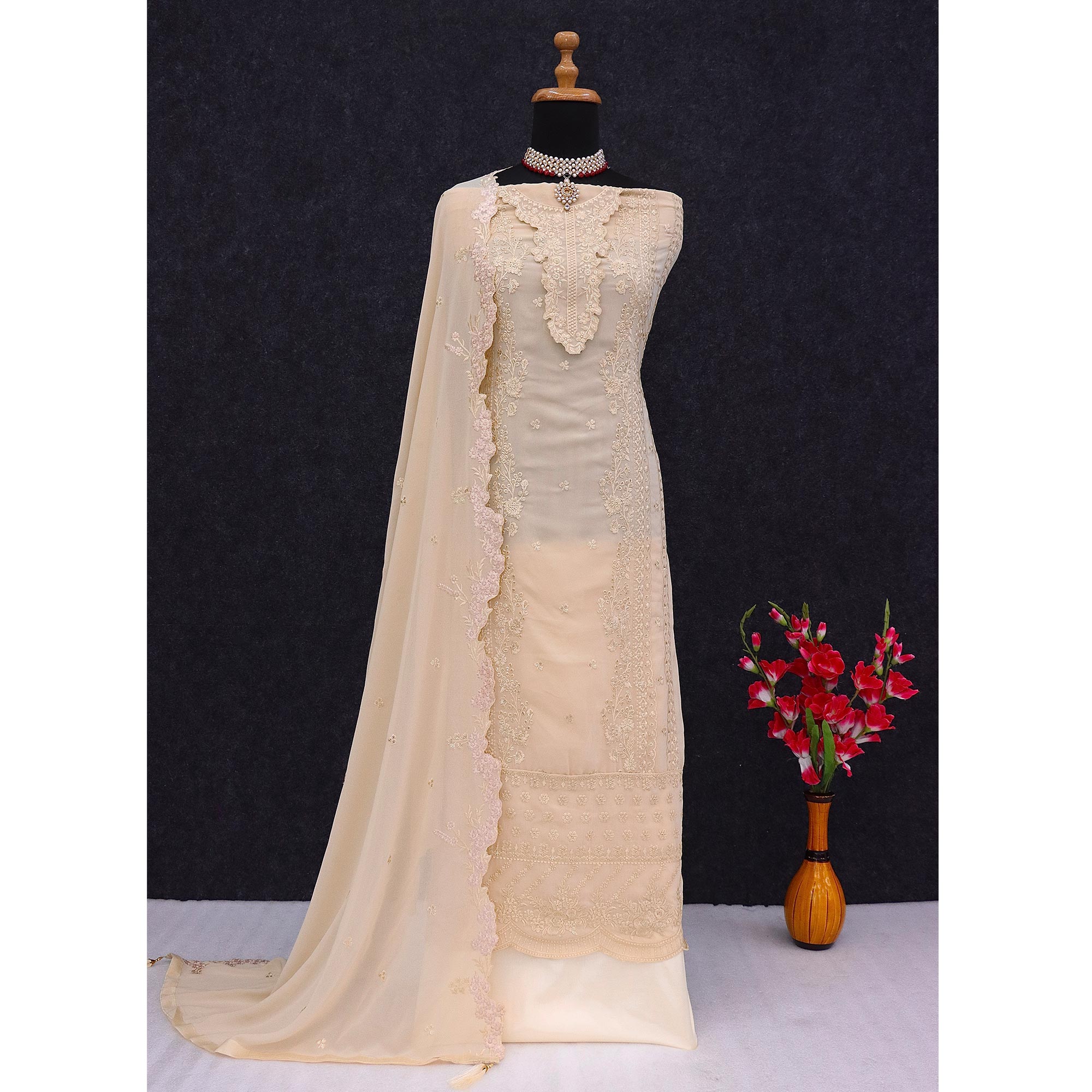 Peachmode Cream Floral Sequins Embroidered Georgette Semi Stitched Pakistani Suit - view 5