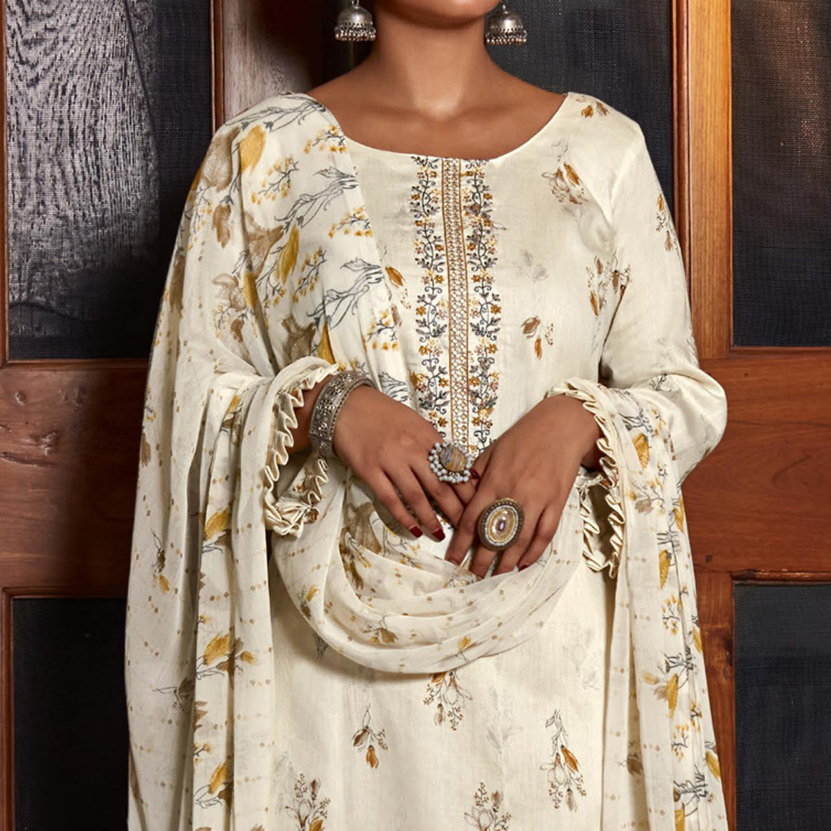 Peachmode Cream Printed With Embroidered Pure Cotton Suit - view 3
