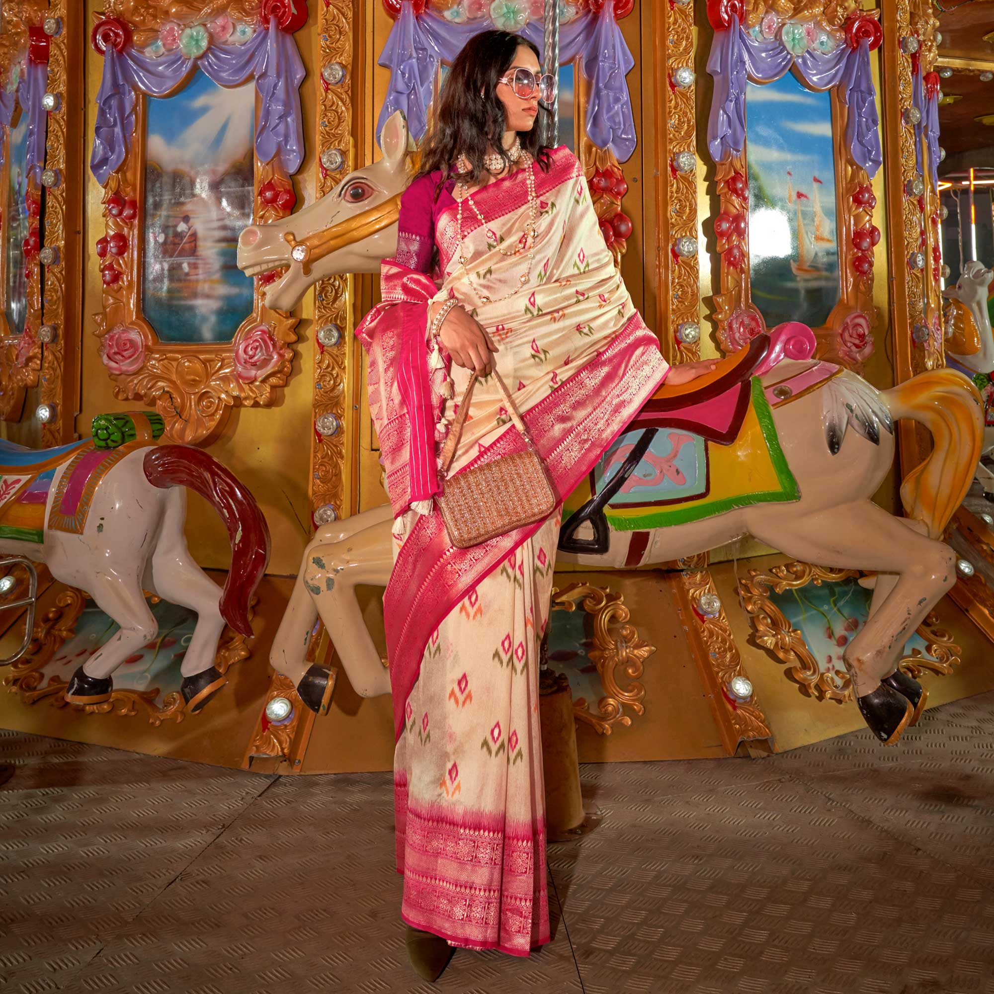 Peachmode Cream Ikkat Handwoven Art Silk Saree With Tassels - view 4