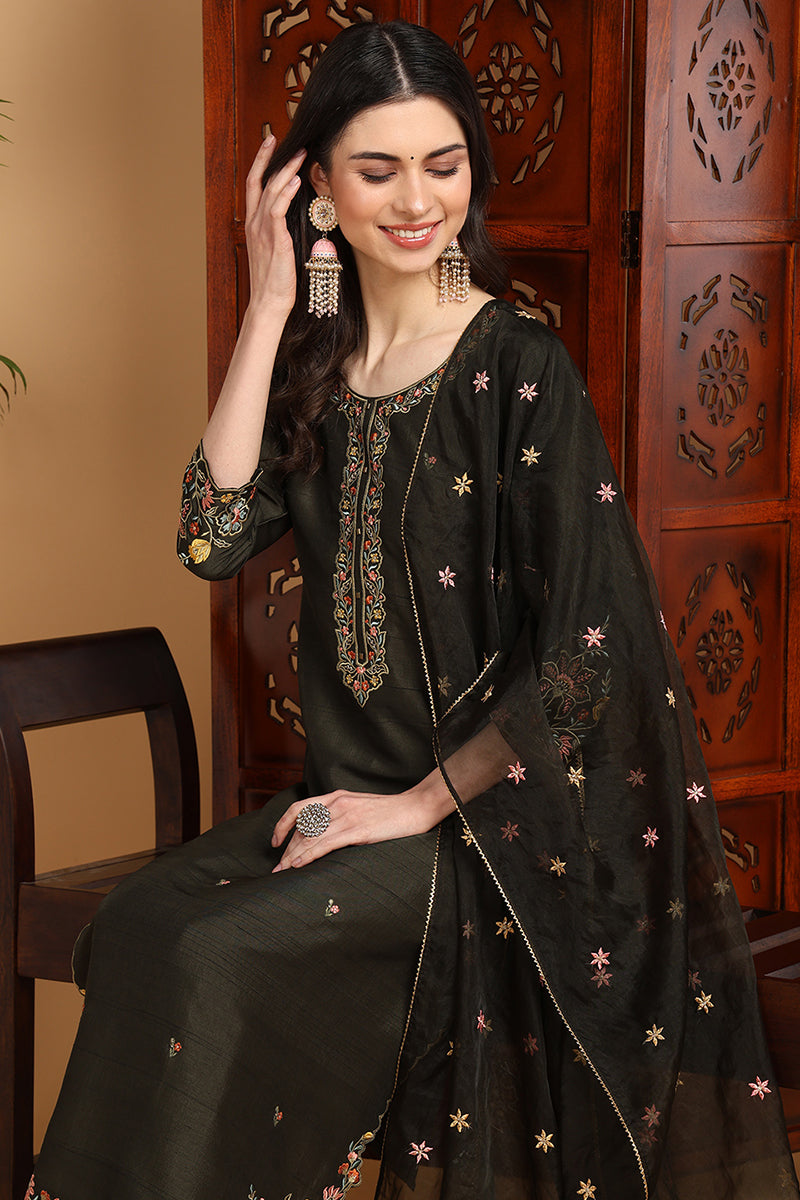 Ahika Olive Green Silk Blend Floral Embroidered Straight Suit Set PKSKD2239 - view 2