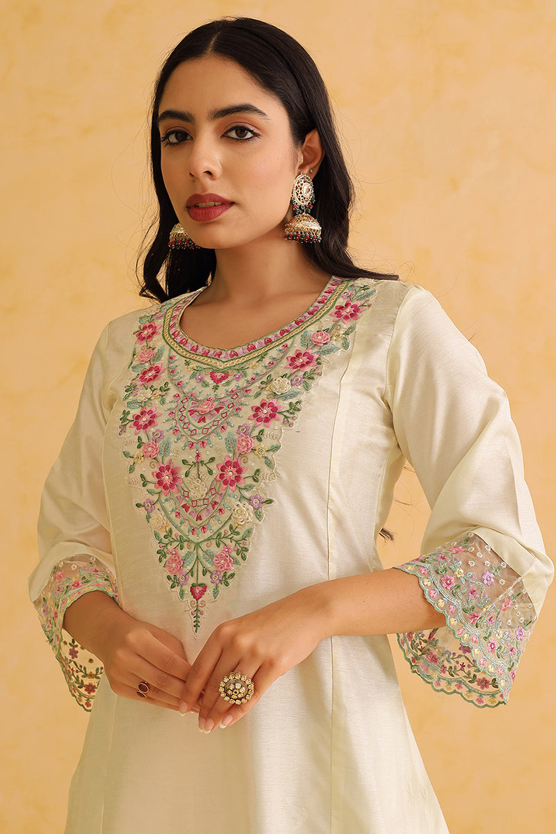 Ahika Off White Silk Blend Solid Embroidered Straight Trouser Bottom Suit Set PKSKD2476 - view 2