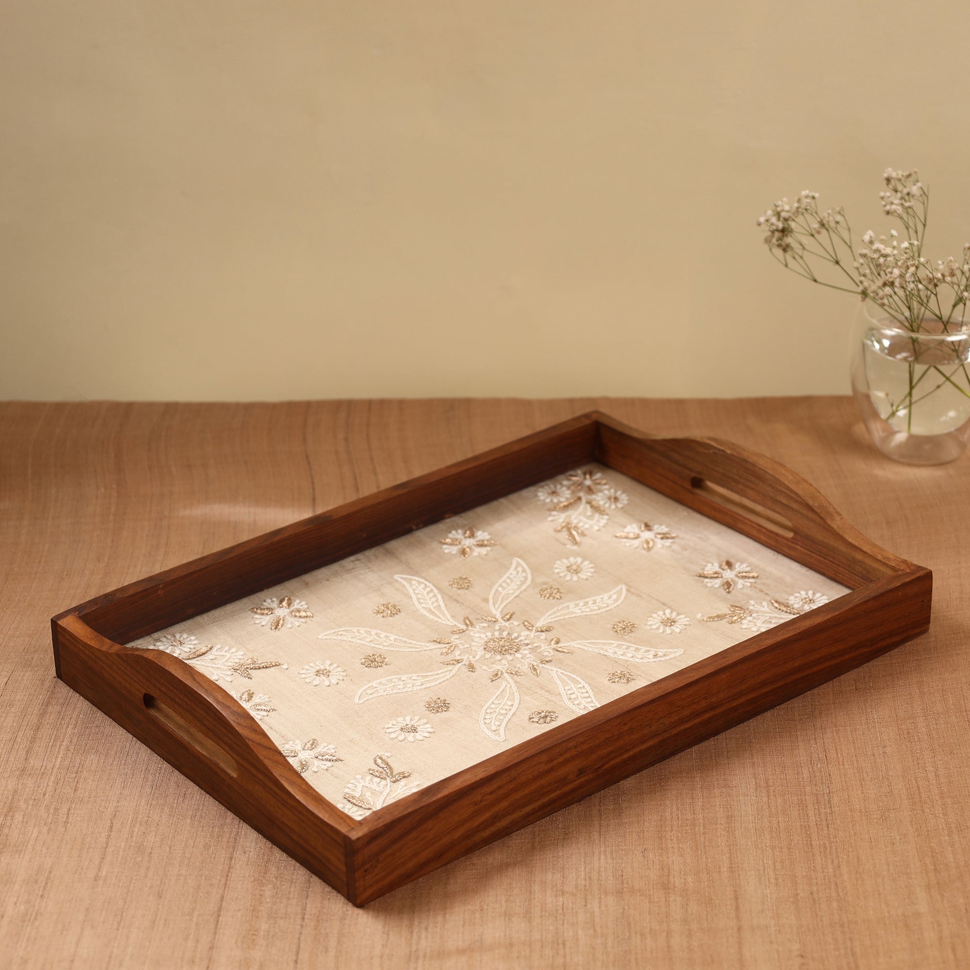 LAVANGG Beige - Chikankari Zari Hand Embroidered Sheesham Wood Tray - view 2
