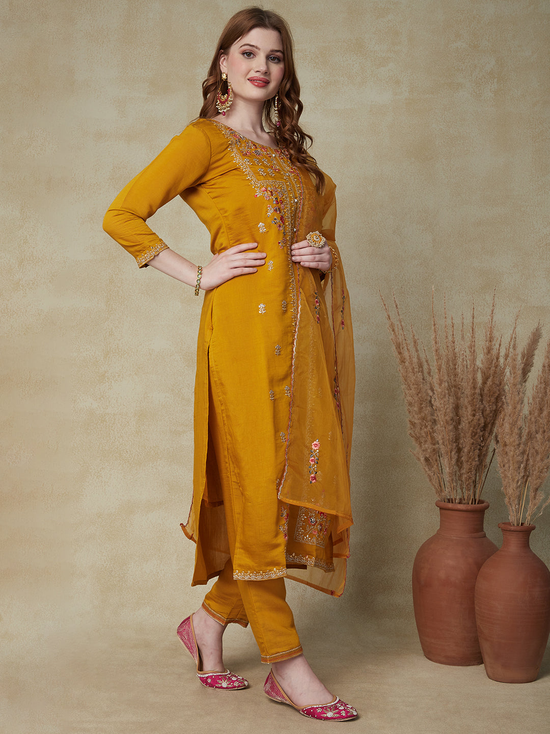 Fashor Solid Mirror, Zari & Resham Embroidered Kurta With Pants & Embroidered Dupatta - Mustard - view 4