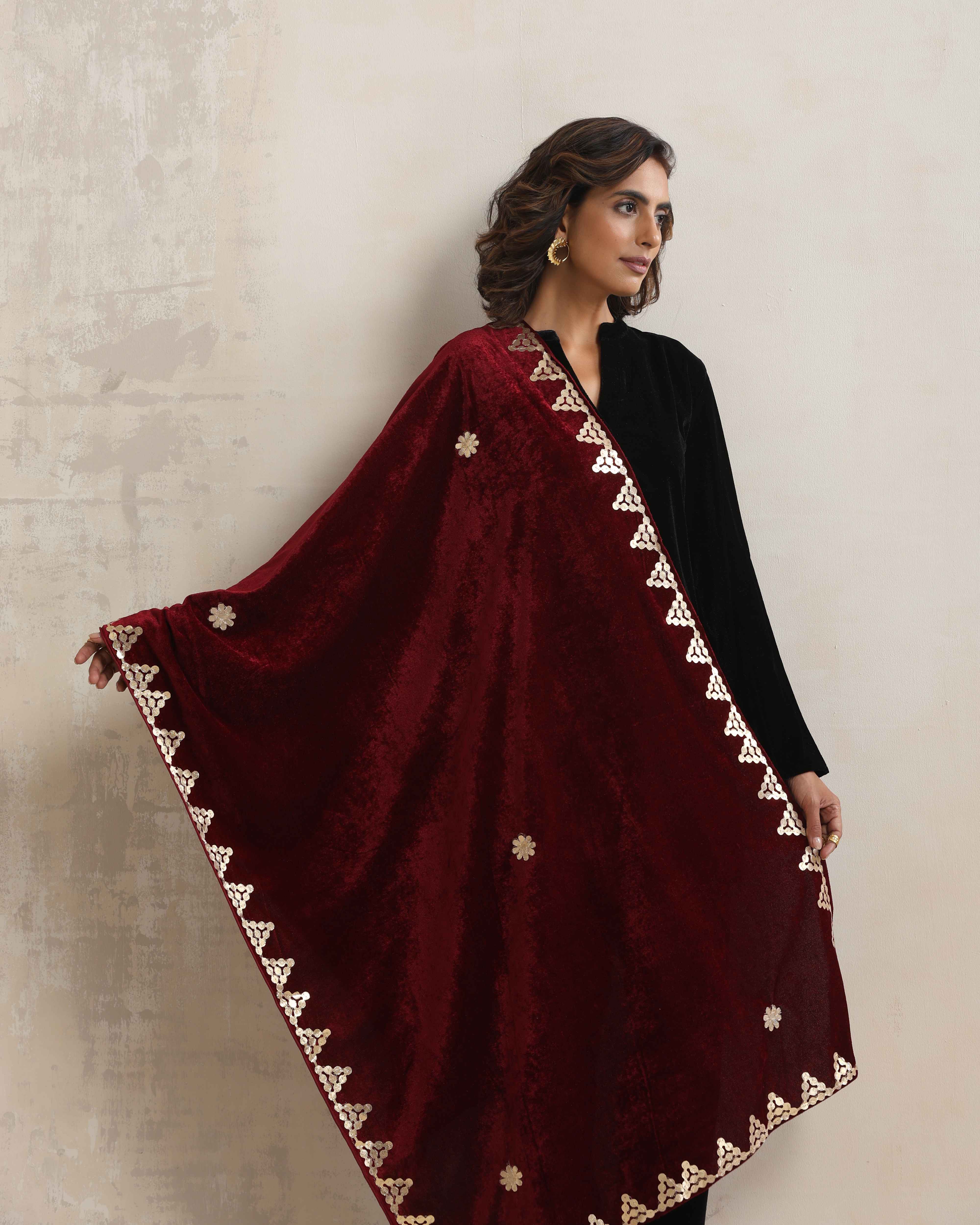 trueBrowns Maroon Velvet Gota Patti Stole - view 3
