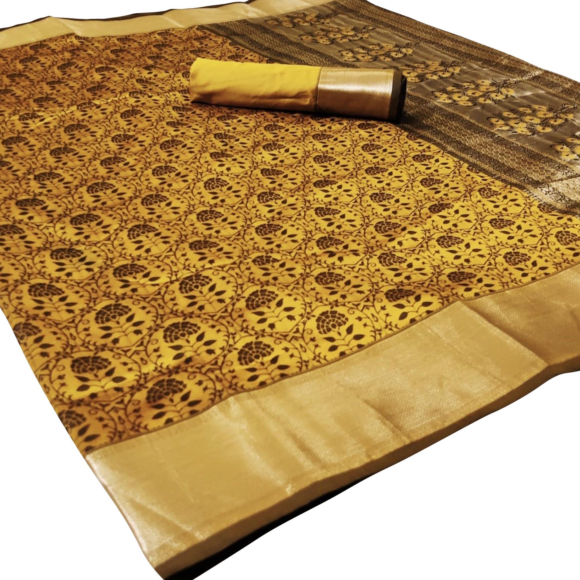 Peachmode Engrossing Yellow Colored Festive Wear Woven Heavy Silk Saree