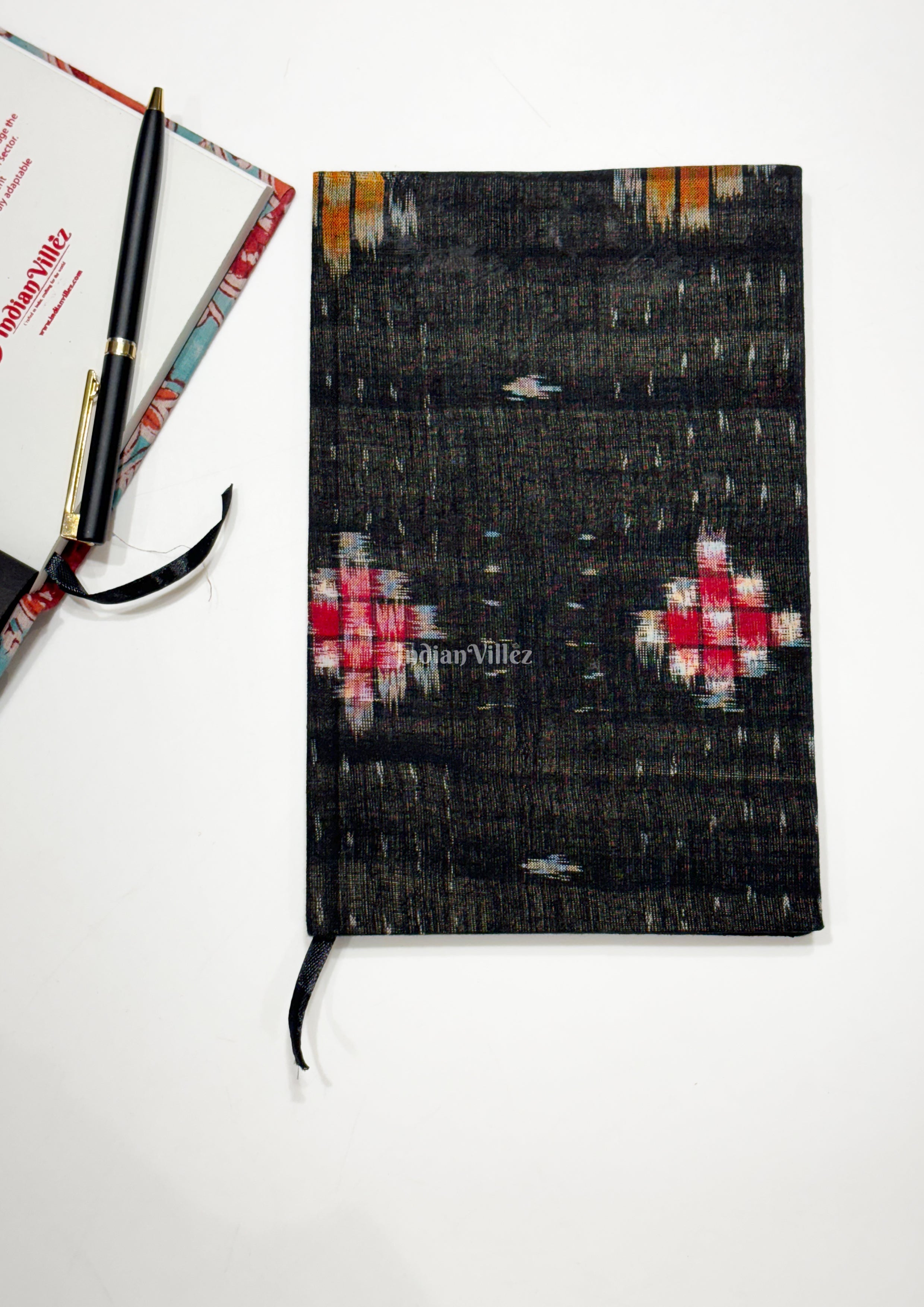 IndianVillèz Black Pasapali Theme Handmade Ikat Woven Cotton Fabric Cover Diary