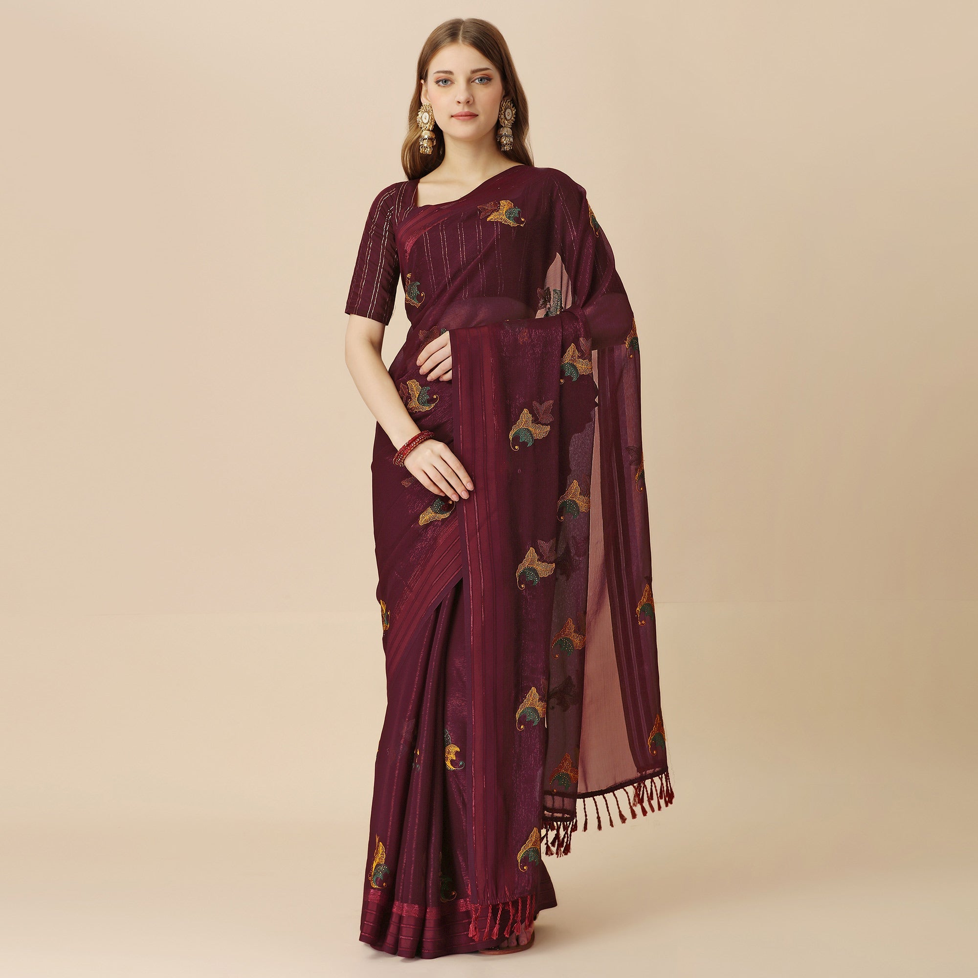 Peachmode Maroon Floral Embroidered Chiffon Saree With With Tassels - view 2