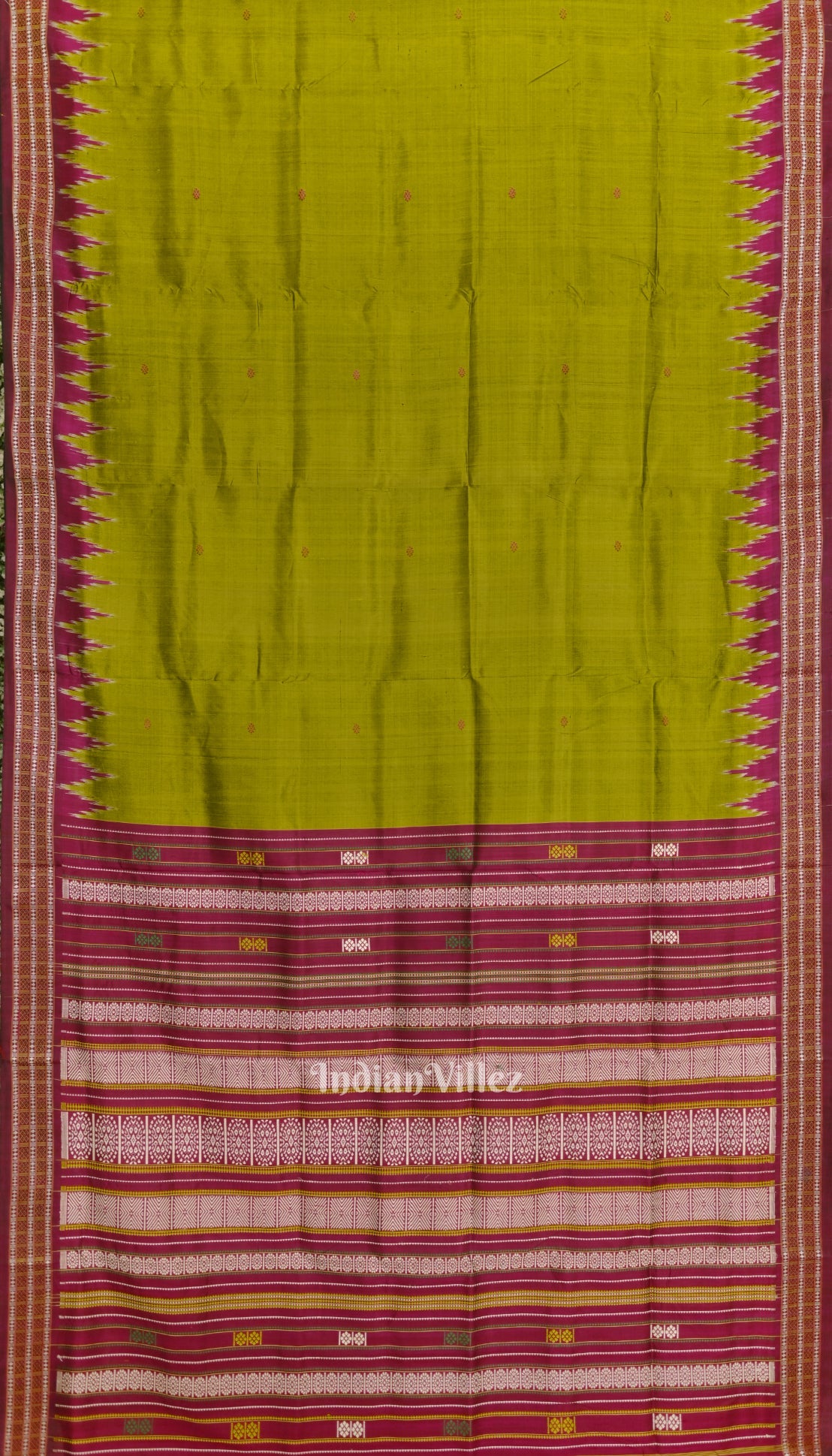 IndianVillèz Lemon Green Single Flower Motif Siminoi Silk Saree