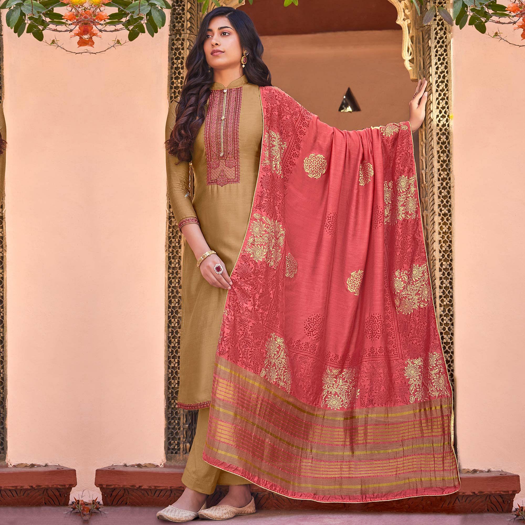 Peachmode Brown Festive Wear Embroidered Viscose Cotton Silk Salwar Suit
