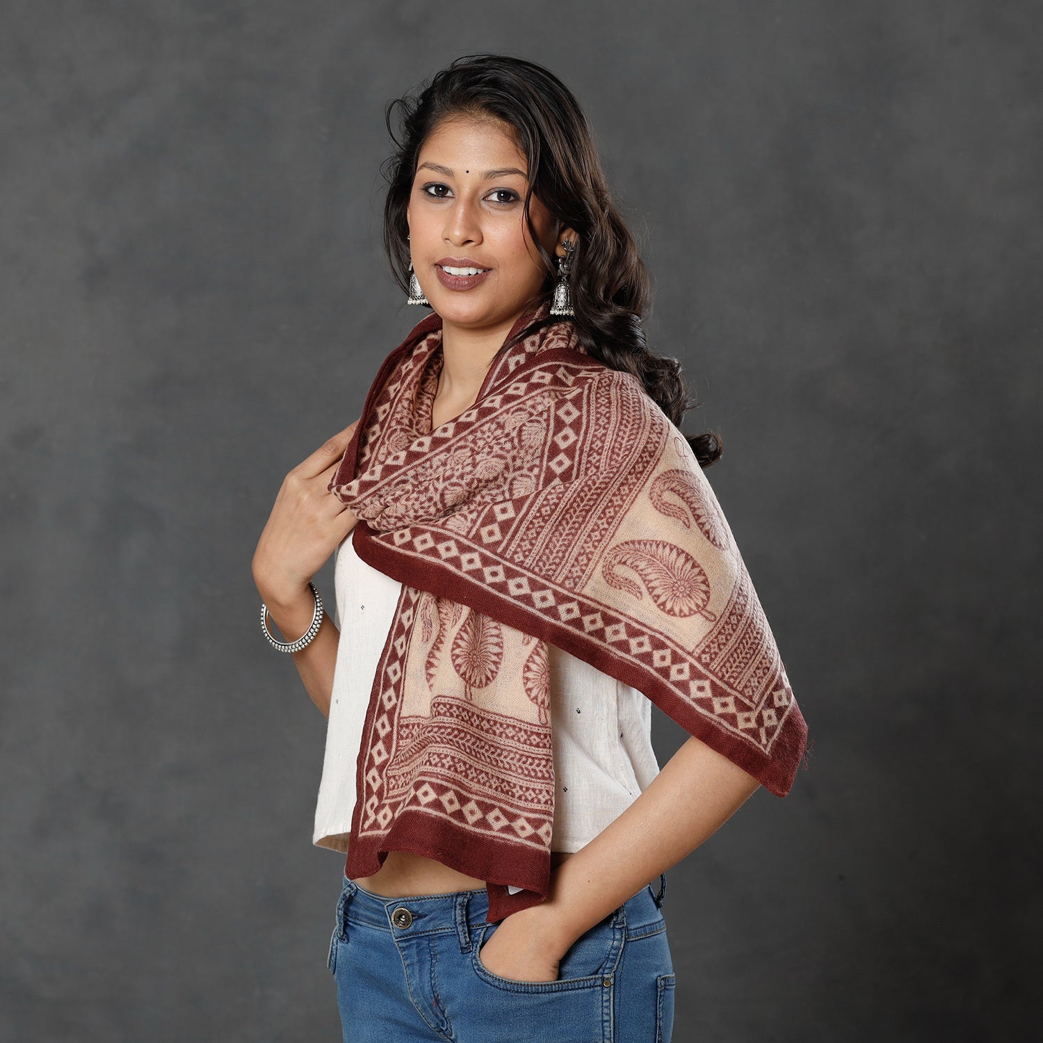 BAGH PRINTS BY MOHAMMED BILAL KHATRI Brown - Bagh Block Printed Natural Dyed Woolen Muffler (61 in) - view 2