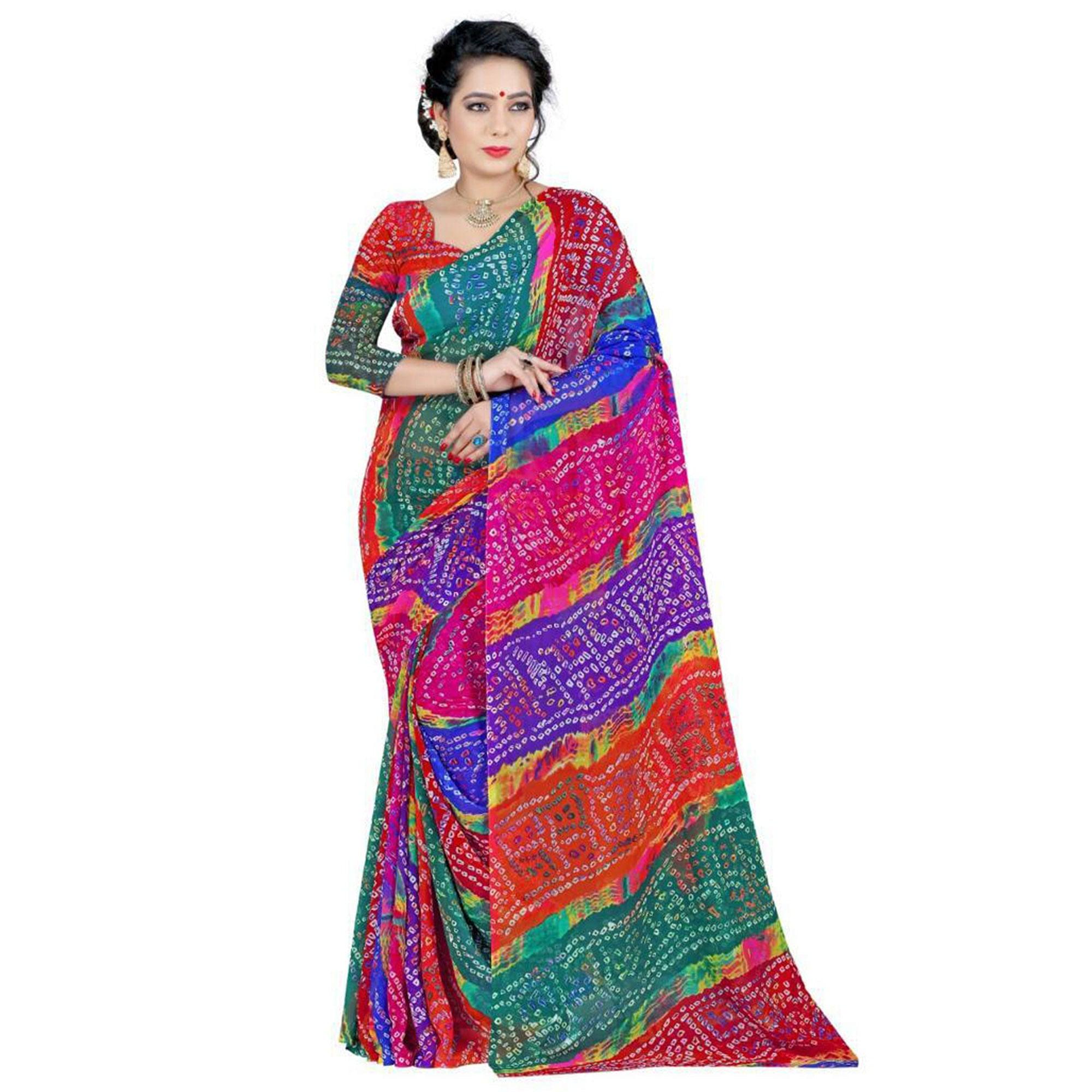 Peachmode Magnetic Multicolor Coloured Casual Wear Printed Georgette Saree