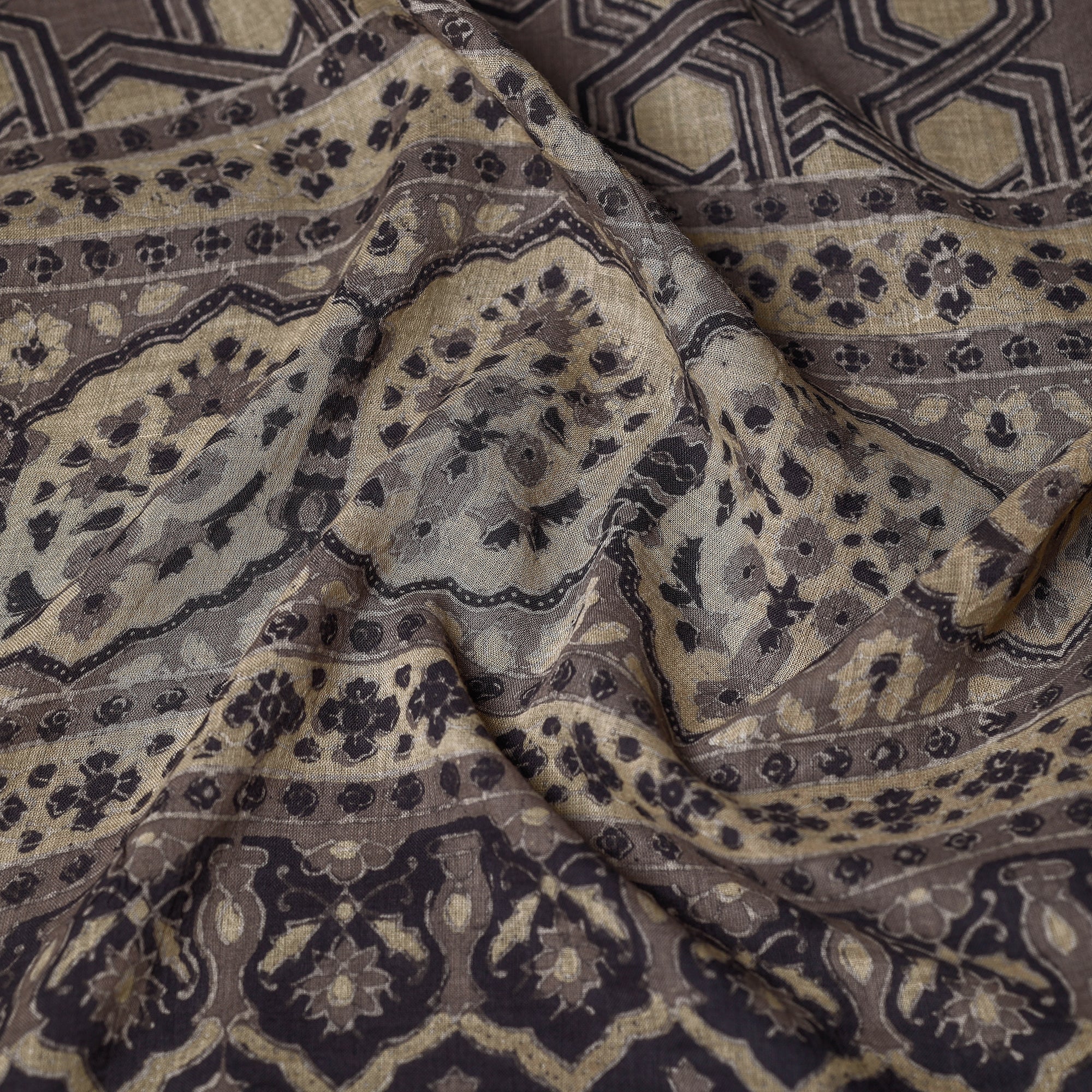 AJRAKH BY SUFIYAN ISMAIL KHATRI Brown - Ajrakh Block Printed Mul Cotton Stole With Tassels - view 2