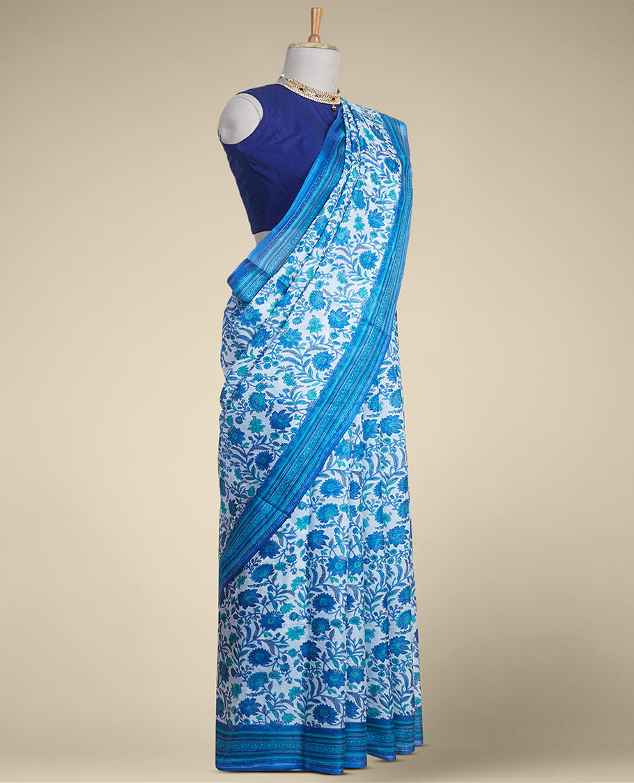 Pothys Blue floral vine design printed silk saree with contrast striped zari border - view 2