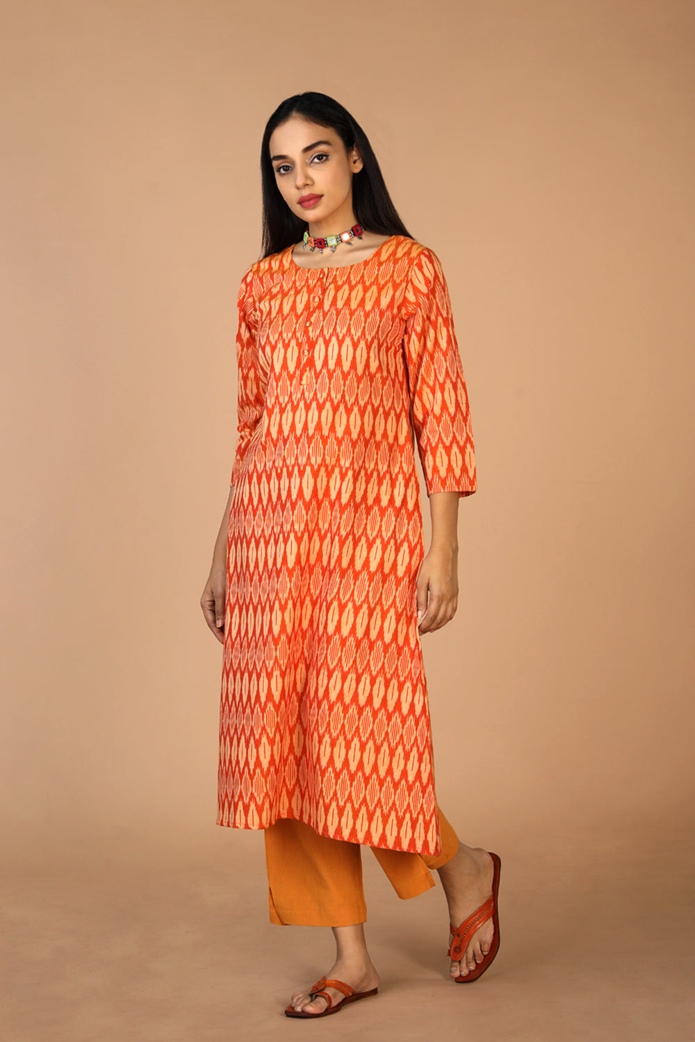 Kalanjali Ethnics Cotton Ikat kurti – Women's, ORANGE