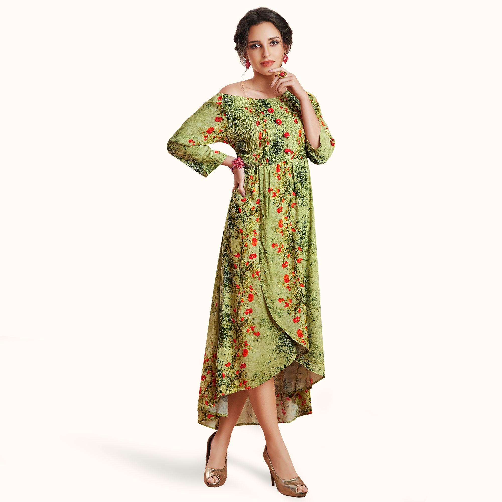 Peachmode Seller Engrossing Green Colored Partywear Printed Rayon Kurti