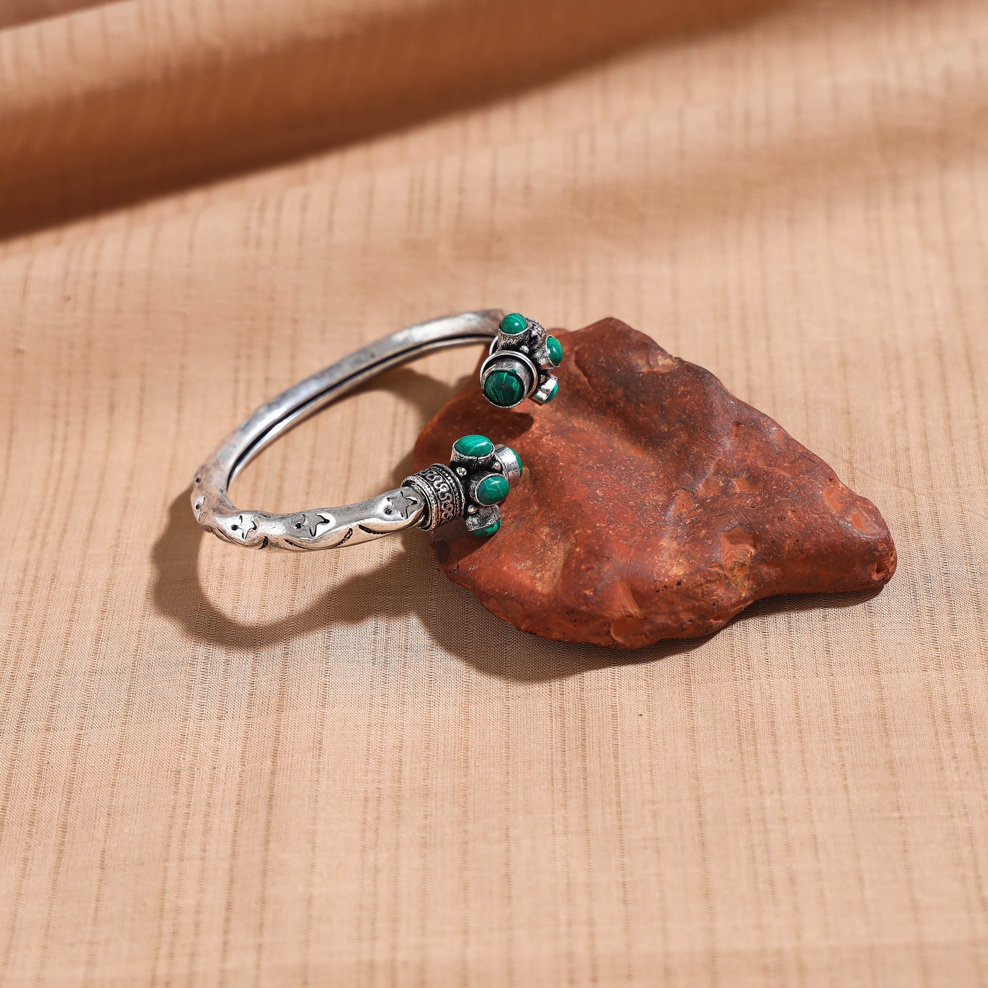WHITE RIVER STORIES Antique Finish Oxidised German Silver Stone Bangle / Kada (Adjustable)