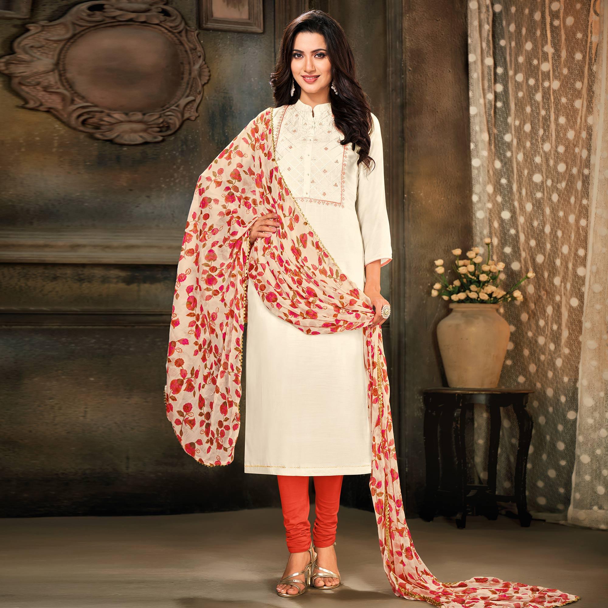 Peachmode Imposing Offwhite Colored Partywear Embroidered Chanderi Dress Material