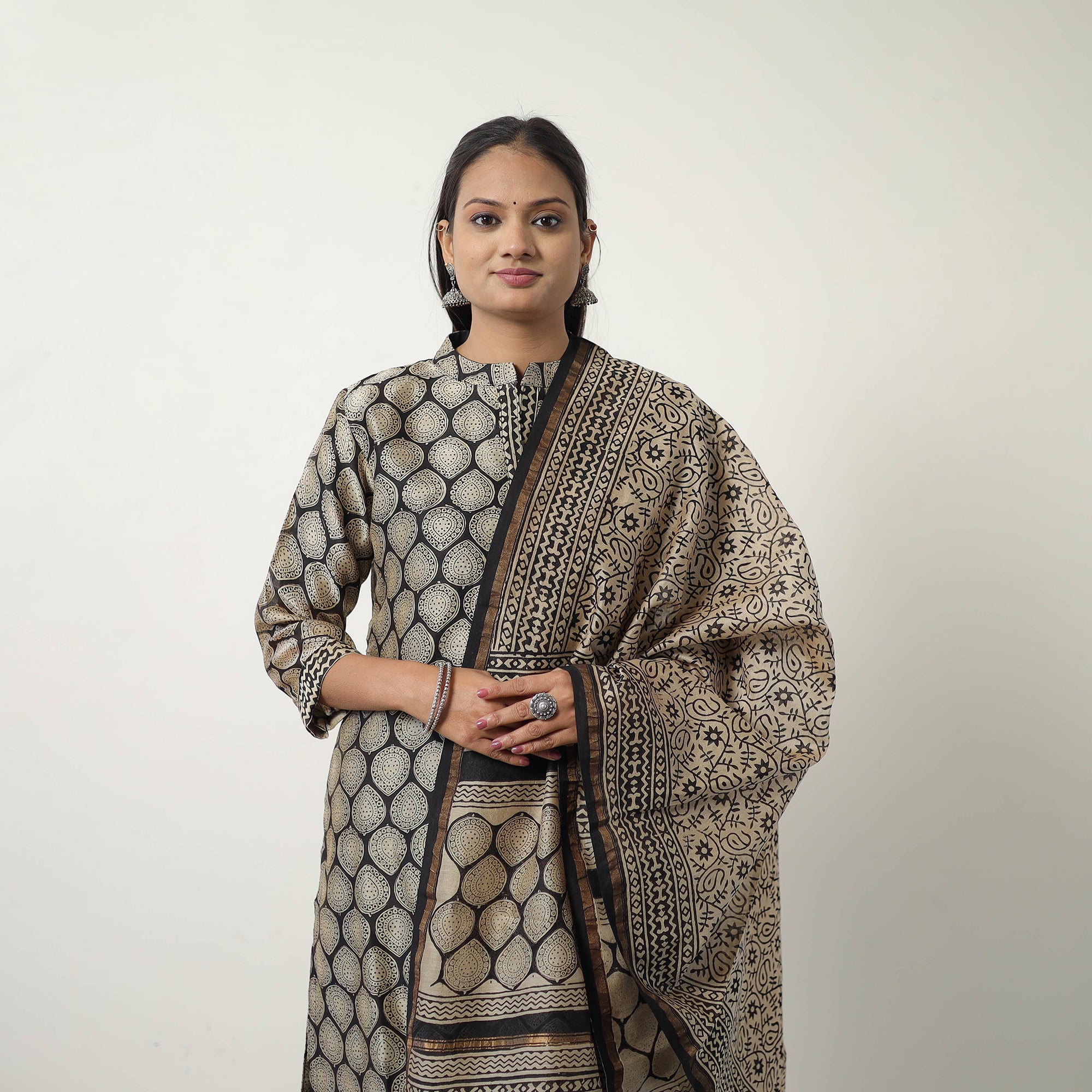 ITOKRI CASUALS Beige - Chanderi Silk Hand Block Bagru Print Kurta Set 08