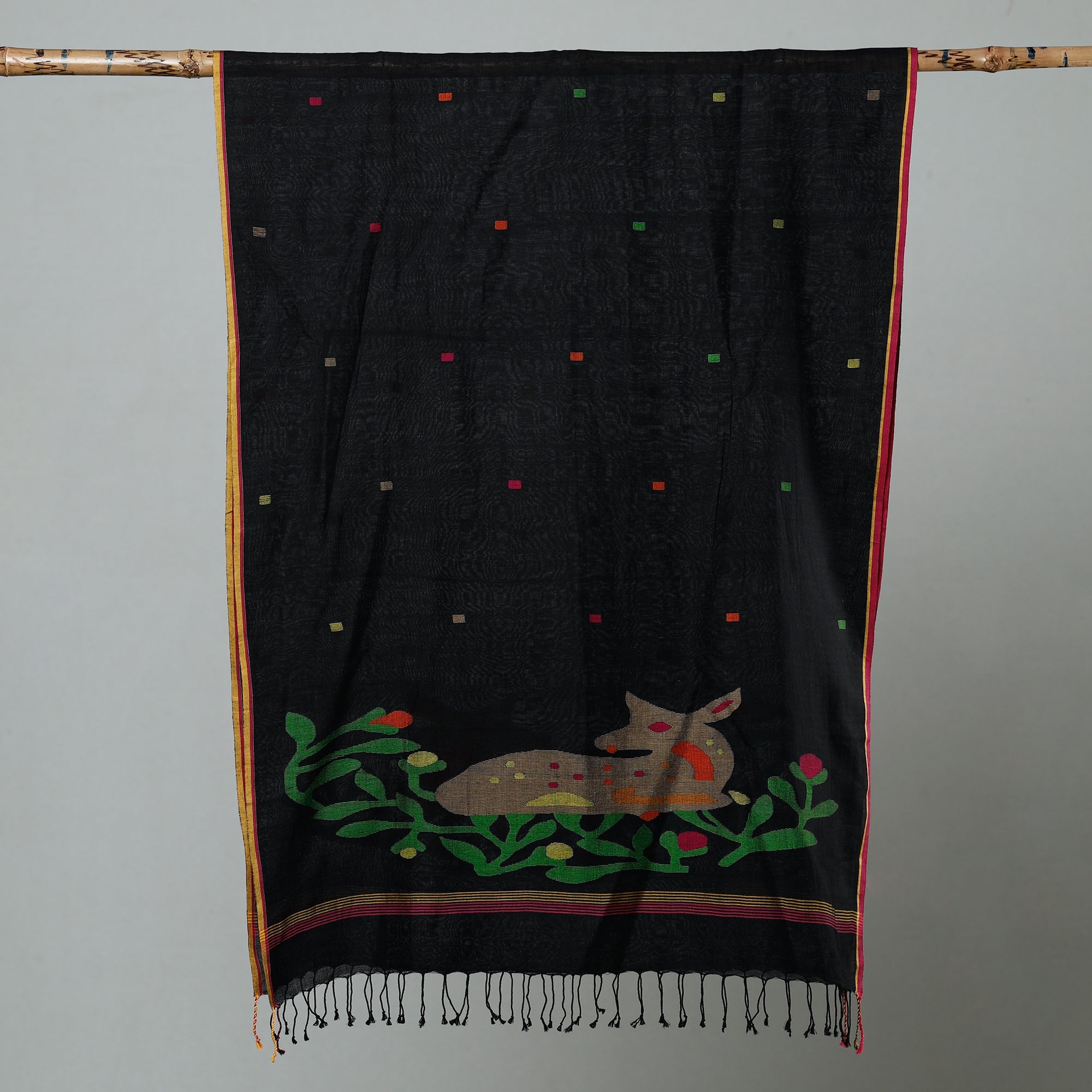 ALANKRITA Black - Jamdani Handloom Cotton Stole with Tassels - view 2
