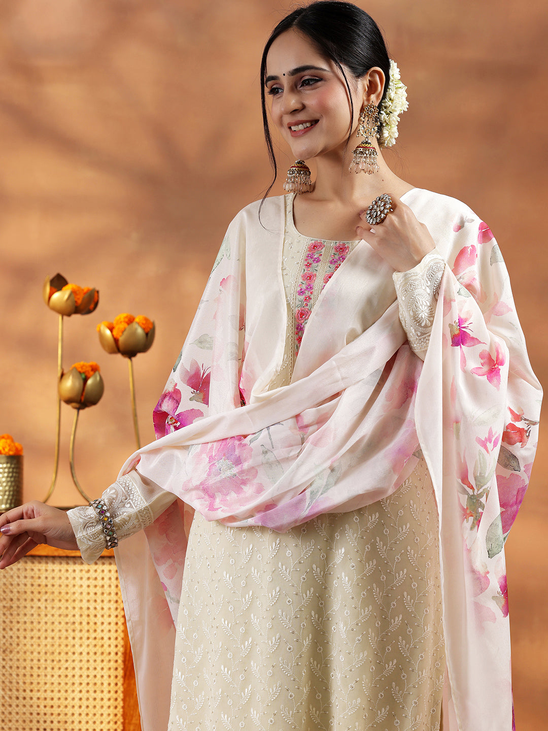 Libas Cream Embroidered Georgette Straight Suit With Dupatta - view 6