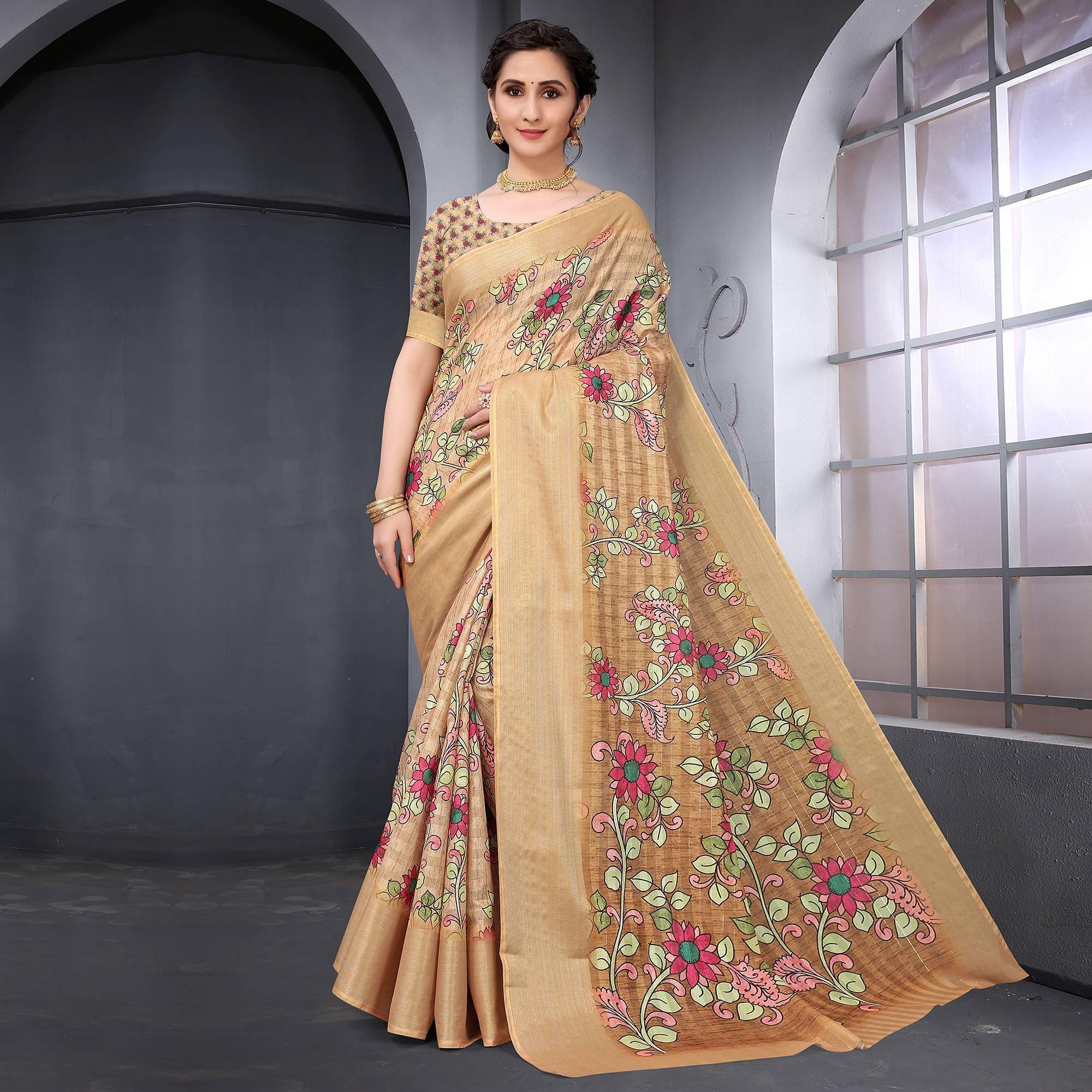 Peachmode Chiku Festive Wear Floral Printed Art Silk Saree - view 2