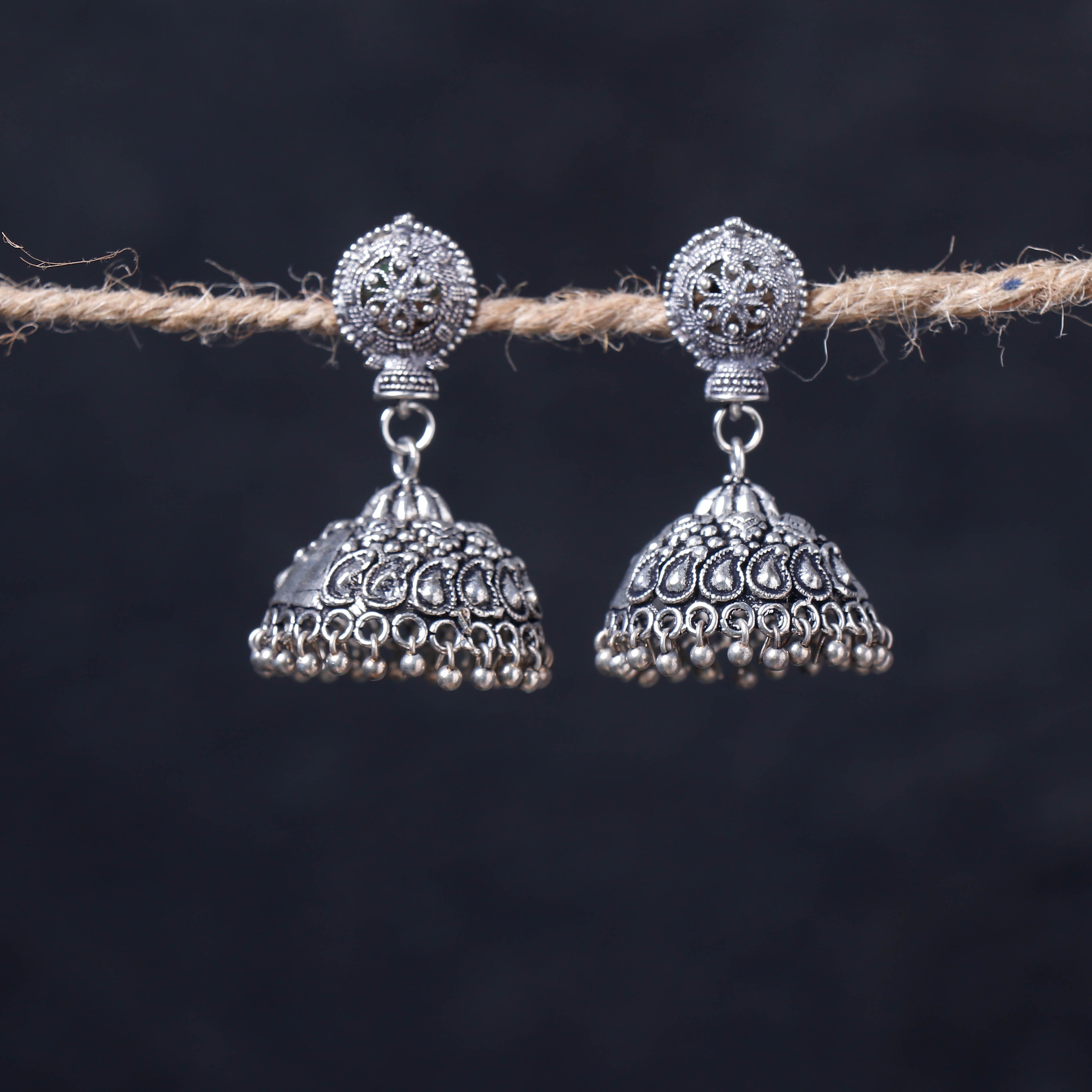 WHITE RIVER STORIES Antique Silver Finish Oxidised Brass Base Jhumka Earrings