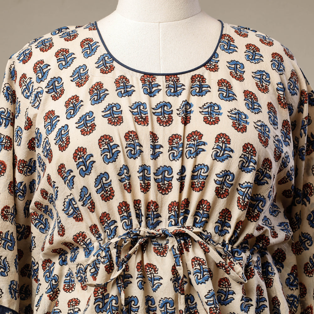 KACHCHH JI CHHAAP Beige - Ajrakh Hand Block Printed Cotton Kaftan with Tie-Up Waist (Short) - view 3
