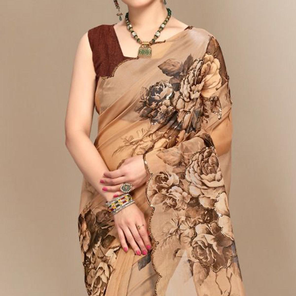 Peachmode Brown Partywear Sequins & Printed Organza Saree - view 2
