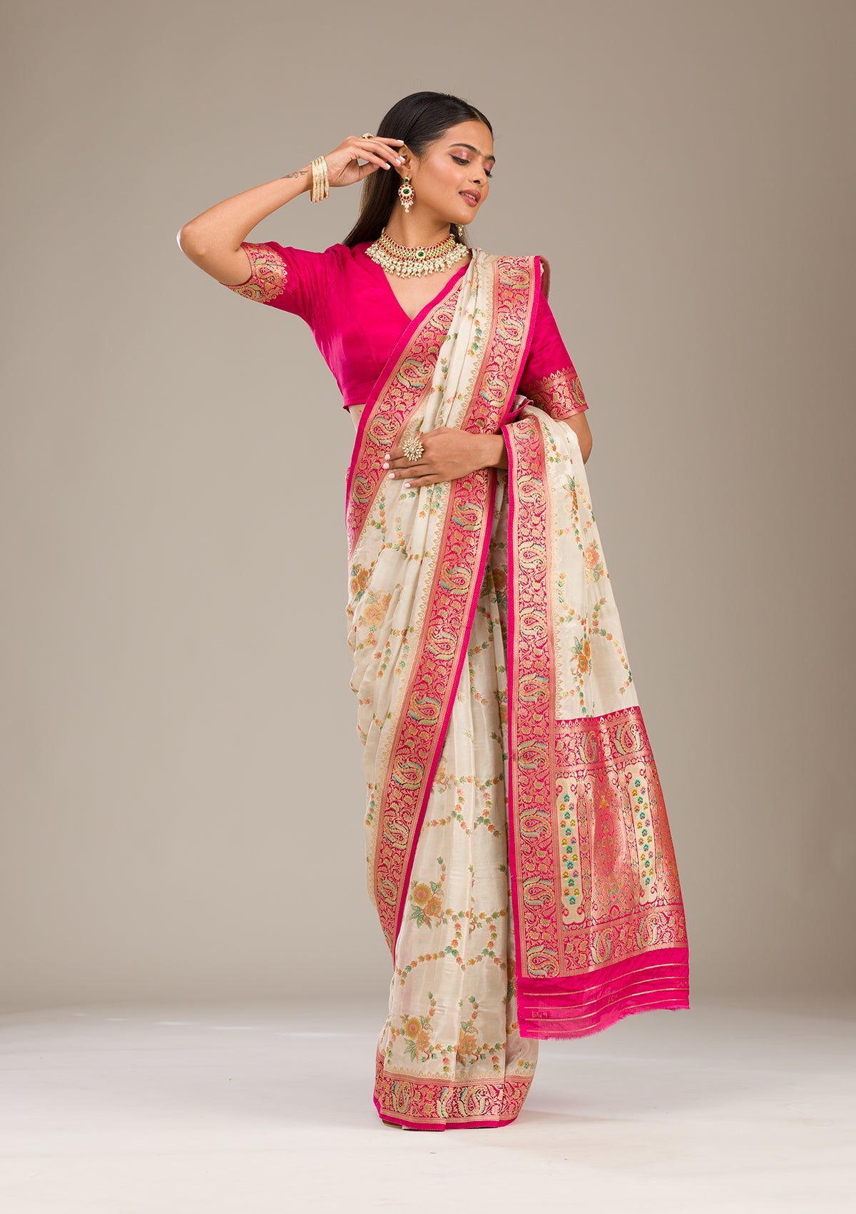 Koskii Beige Zariwork Banarasi Silk Saree – Women's