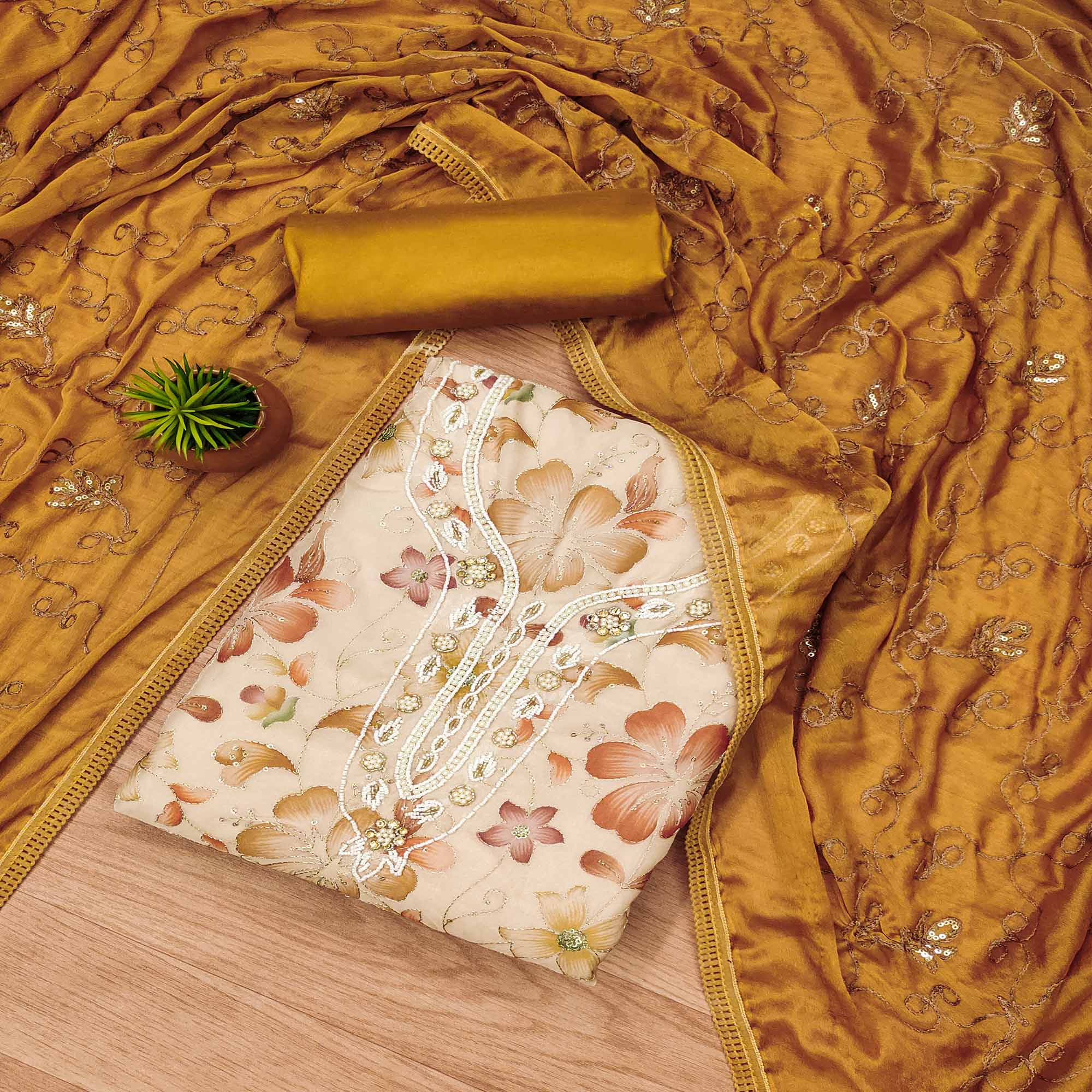 Peachmode Light Peach Floral Sequins Embroidered With Printed Organza Dress Material
