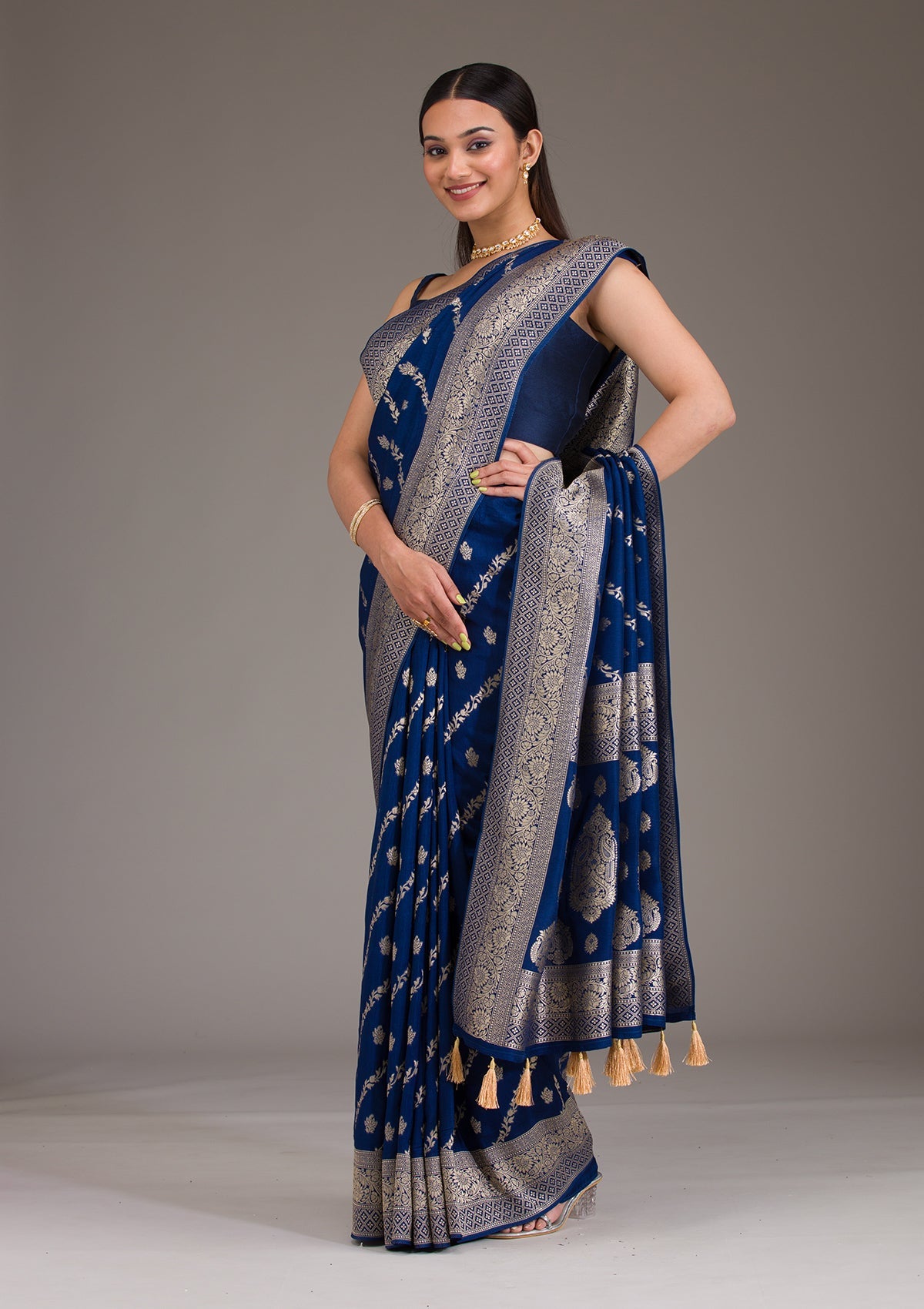 Koskii Navy Blue Zariwork Semi Crepe Saree – Women's - view 7