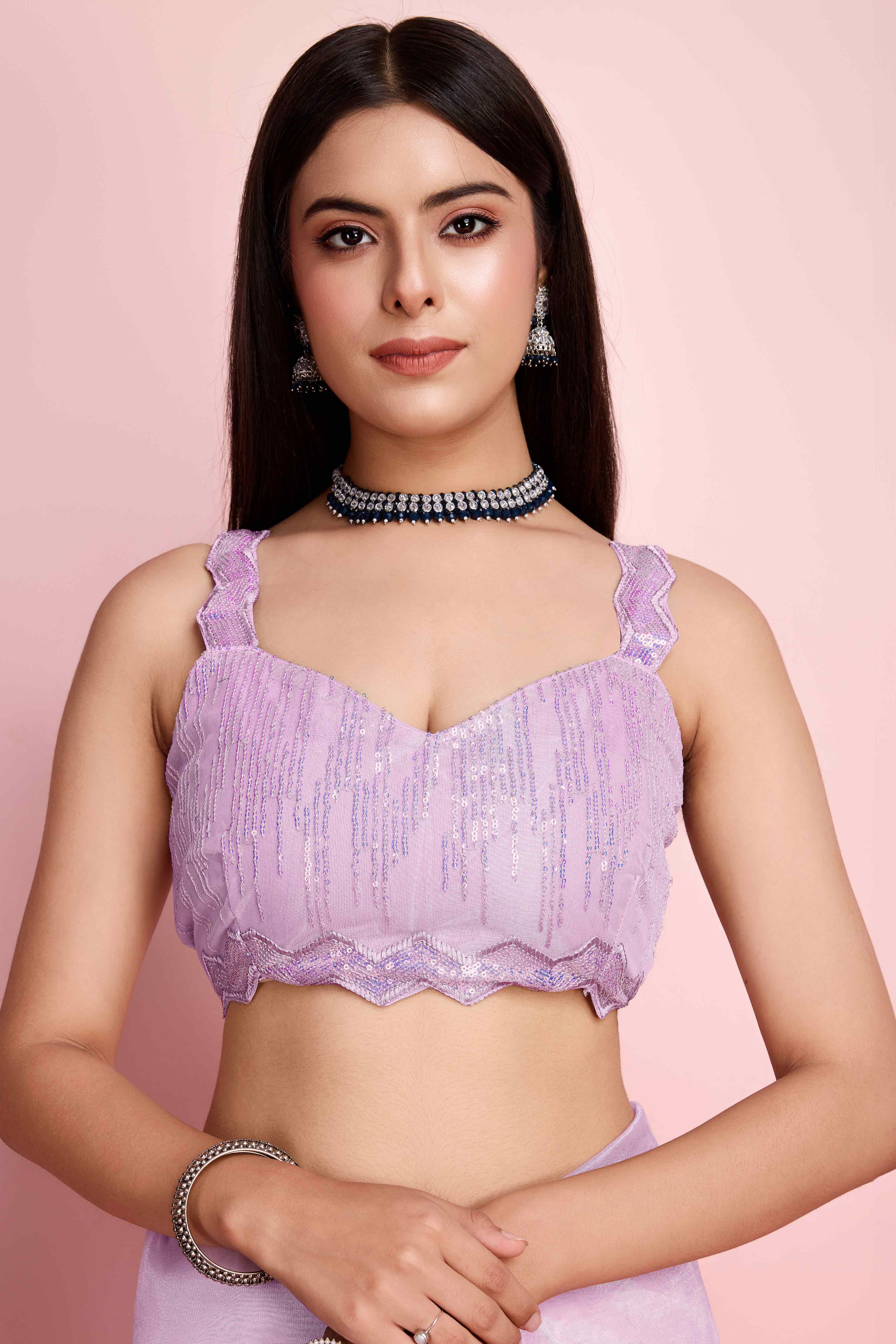 Peachmode Lavender Sequins Embroidered Silver Twill Net Saree - view 7