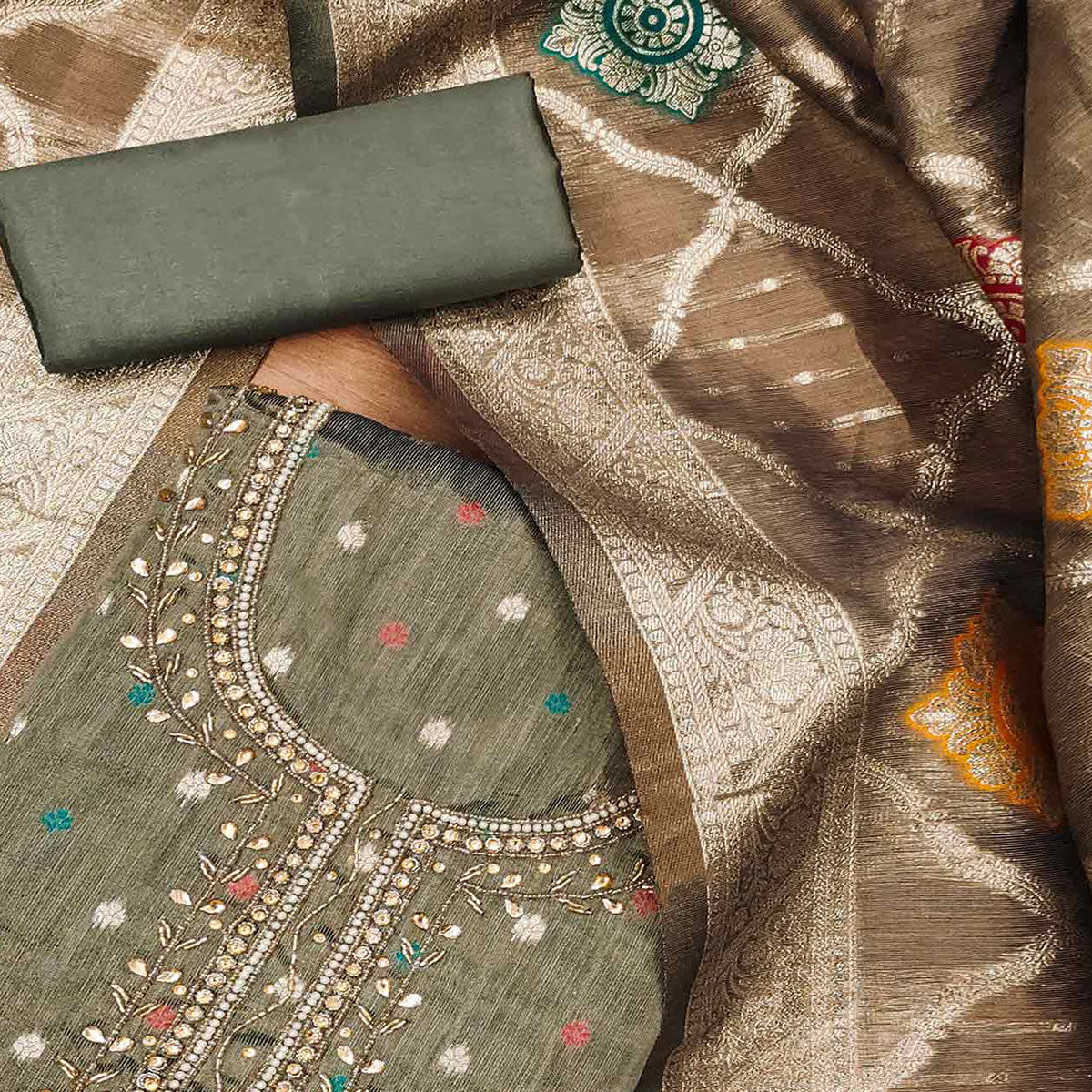 Peachmode Grey Woven With Handwork Simmer Jacquard Dress Material - view 2