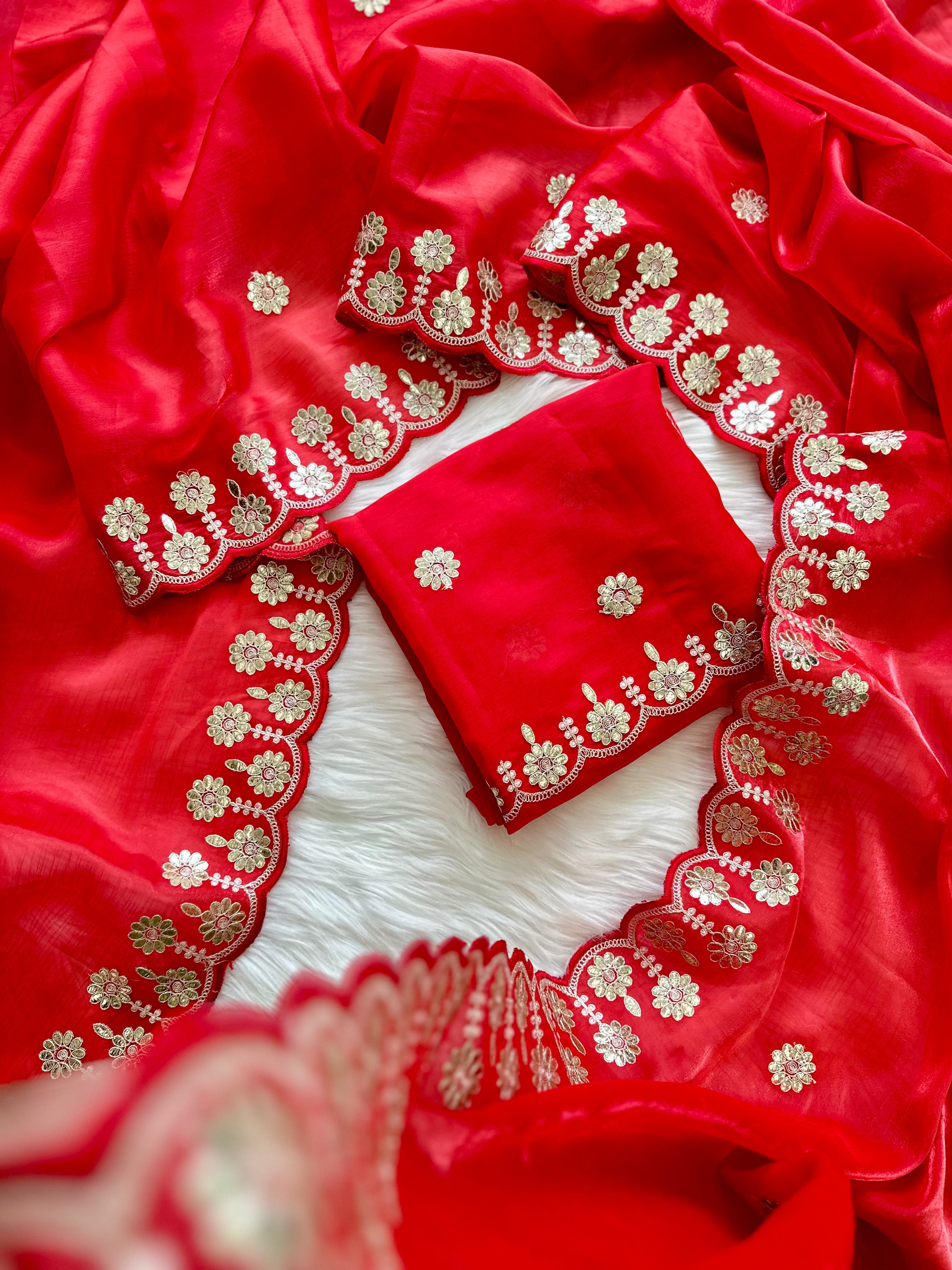 ClothsVilla Red Jimmy Choo Saree with Beautiful Jaipuri Gota Work – Complete with Matching Running Blouse - view 2