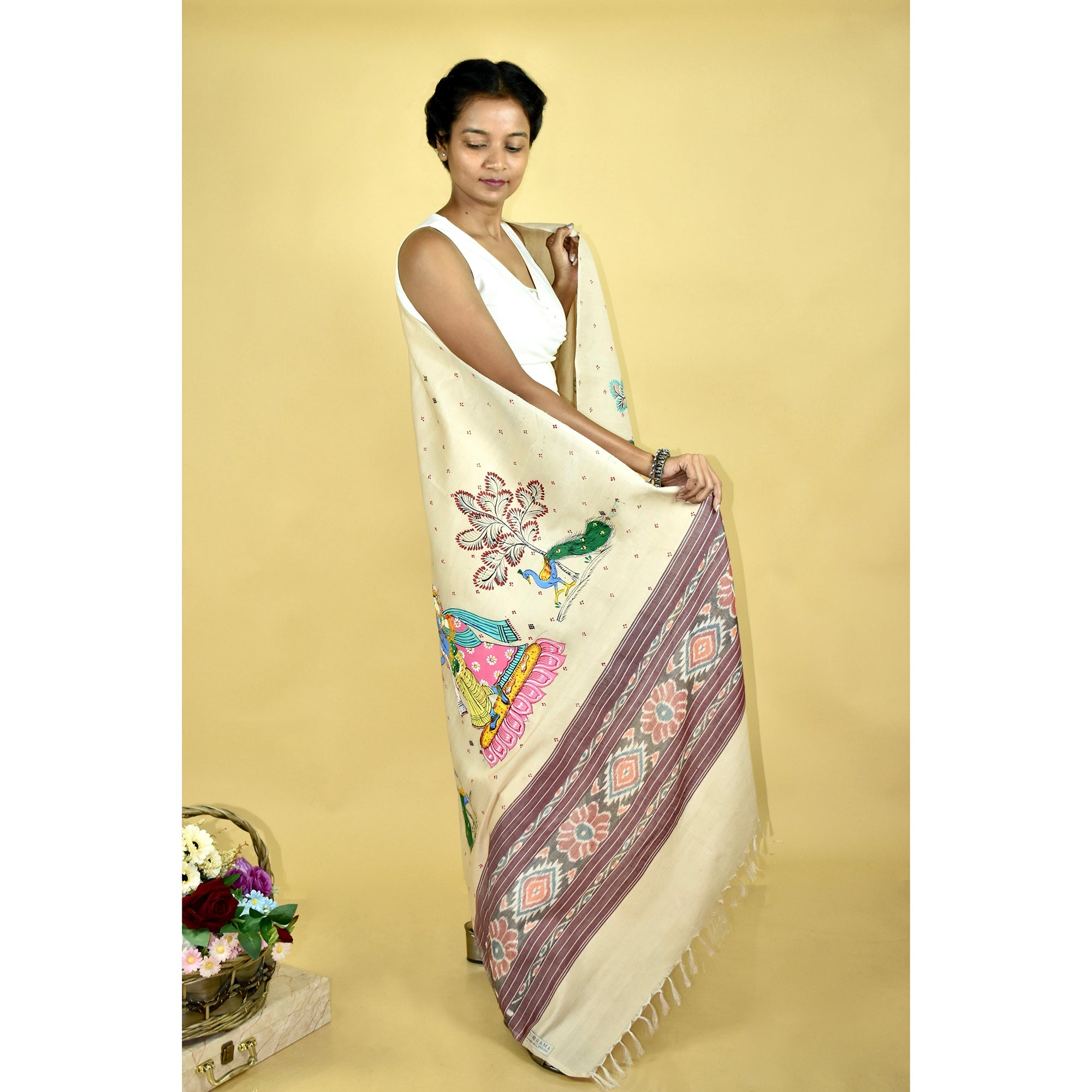 DIORAMA DESIGNS Beige - Pattachitra Ikkat Handpainted "Krishna Priya" Dupatta - view 2