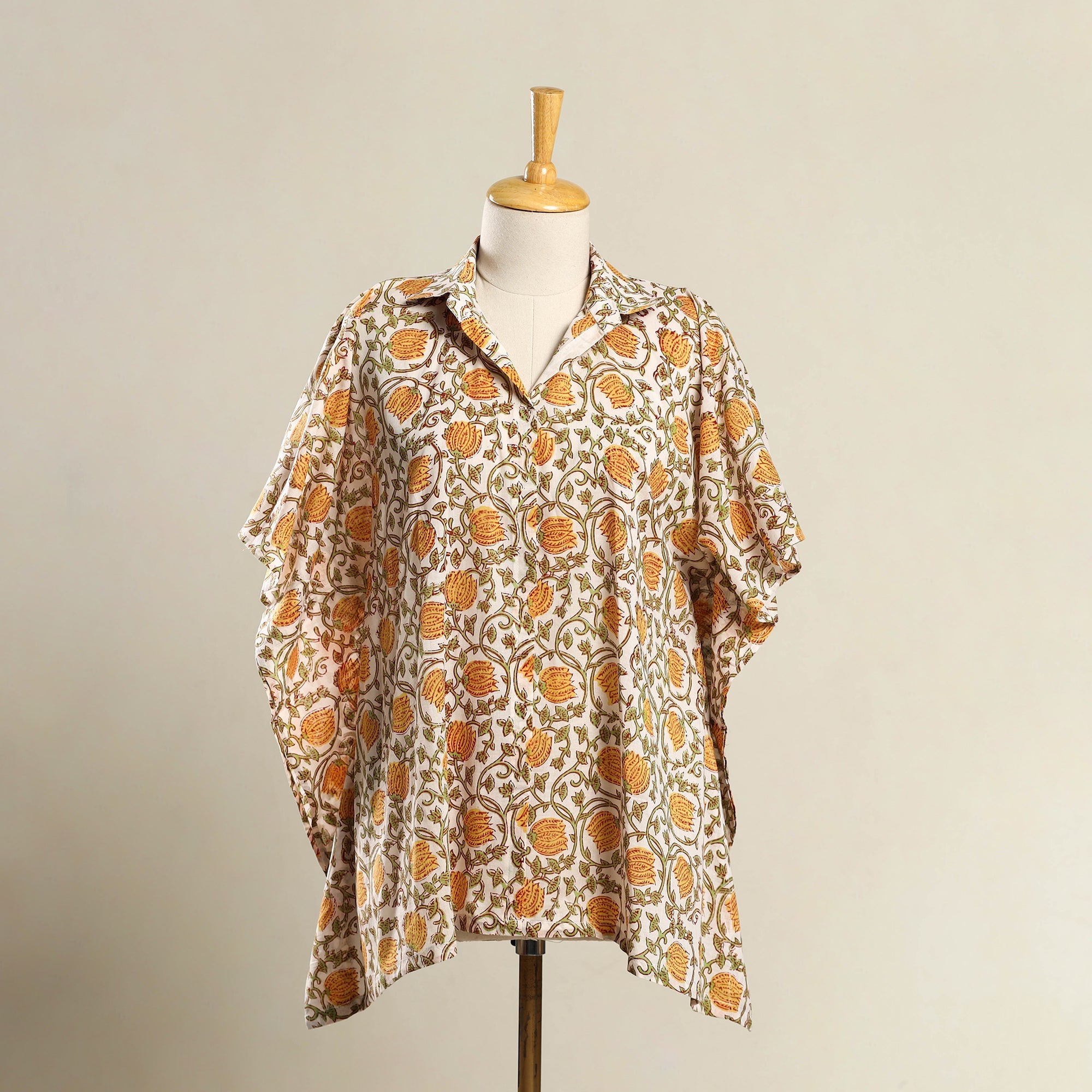 ITOKRI CASUALS Beige - Block Print Sanganeri Cotton Kaftan (Short) 11