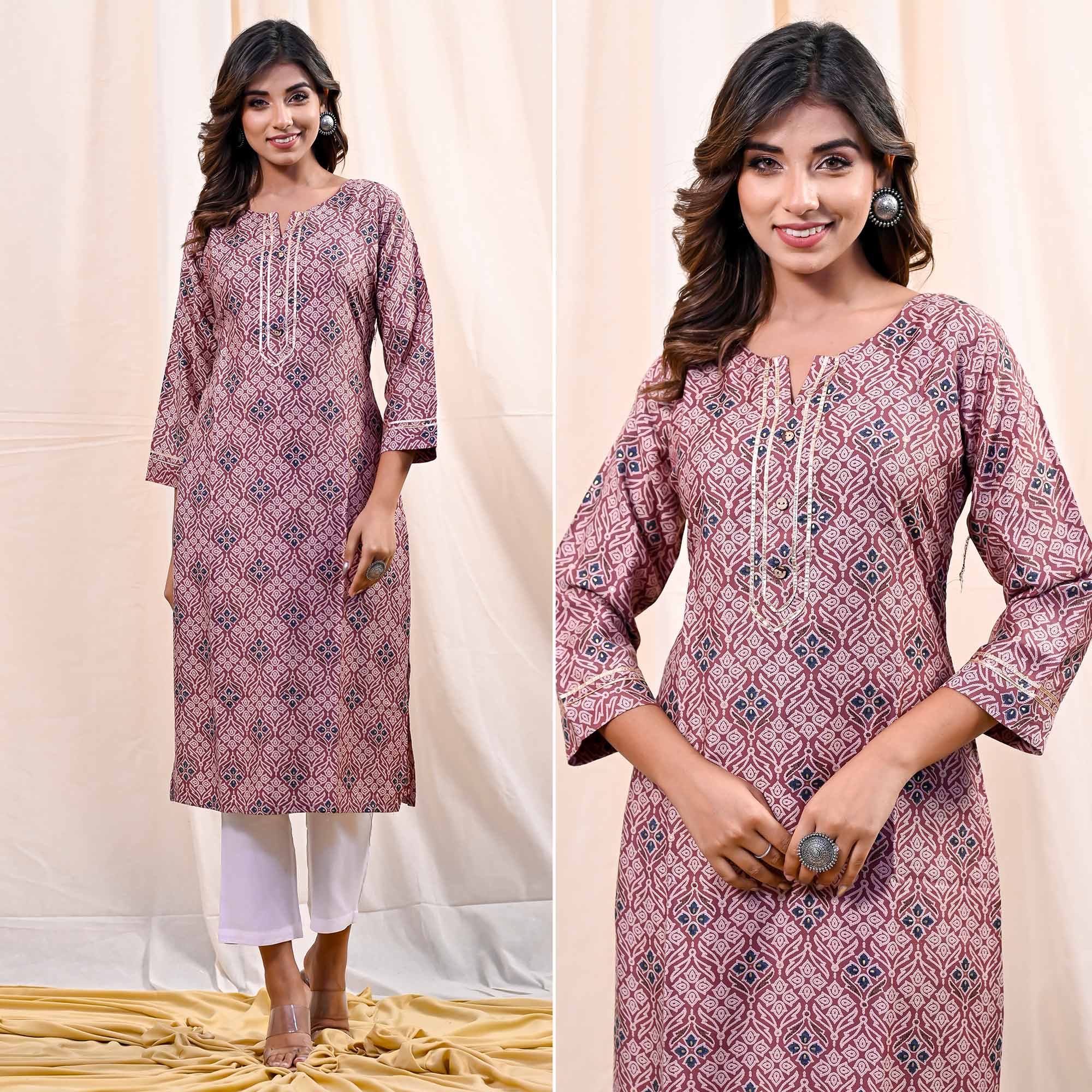 Peachmode Dusty Pink Printed Muslin Kurti – Women's