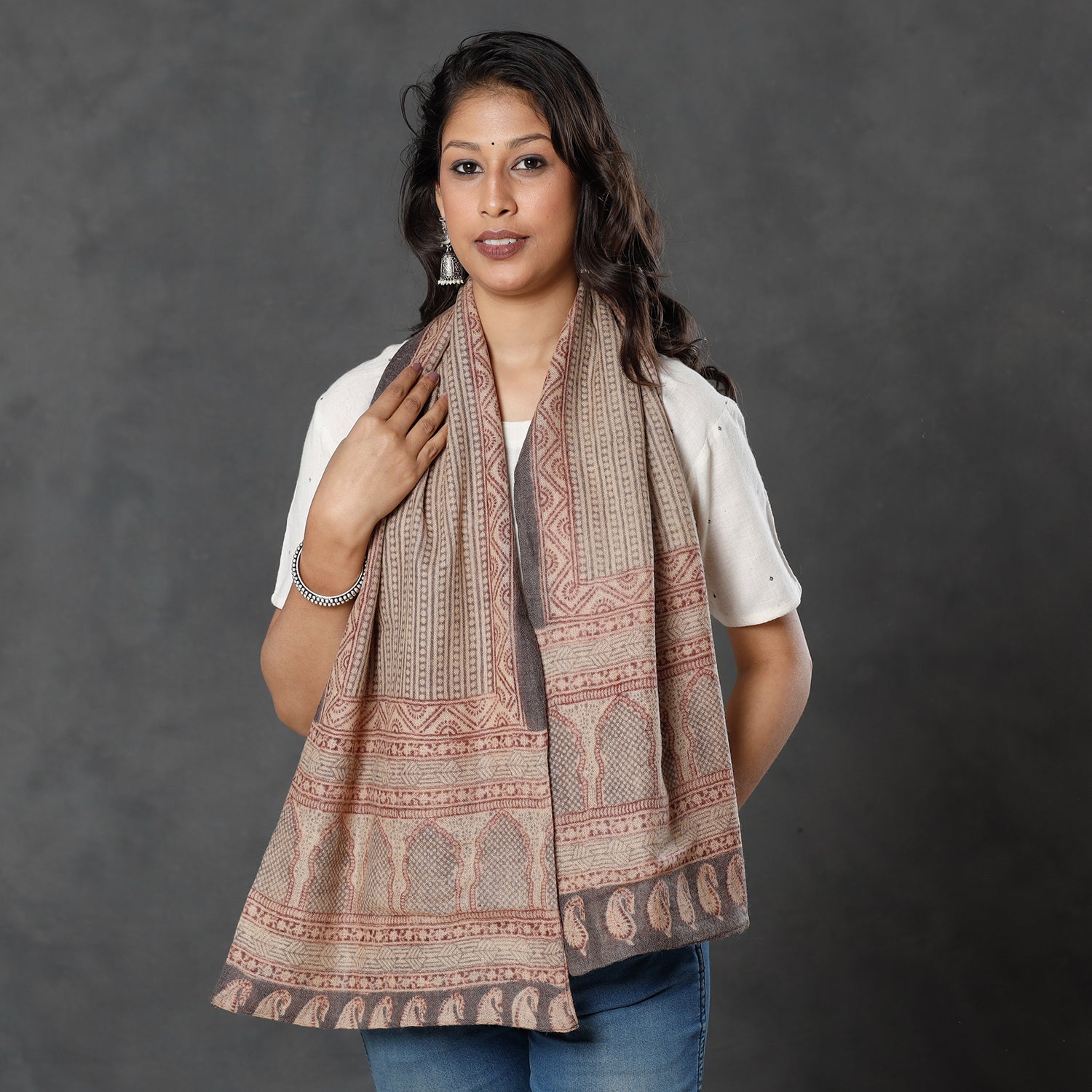 BAGH PRINTS BY MOHAMMED BILAL KHATRI Beige - Bagh Block Printed Natural Dyed Woolen Muffler (61 in)