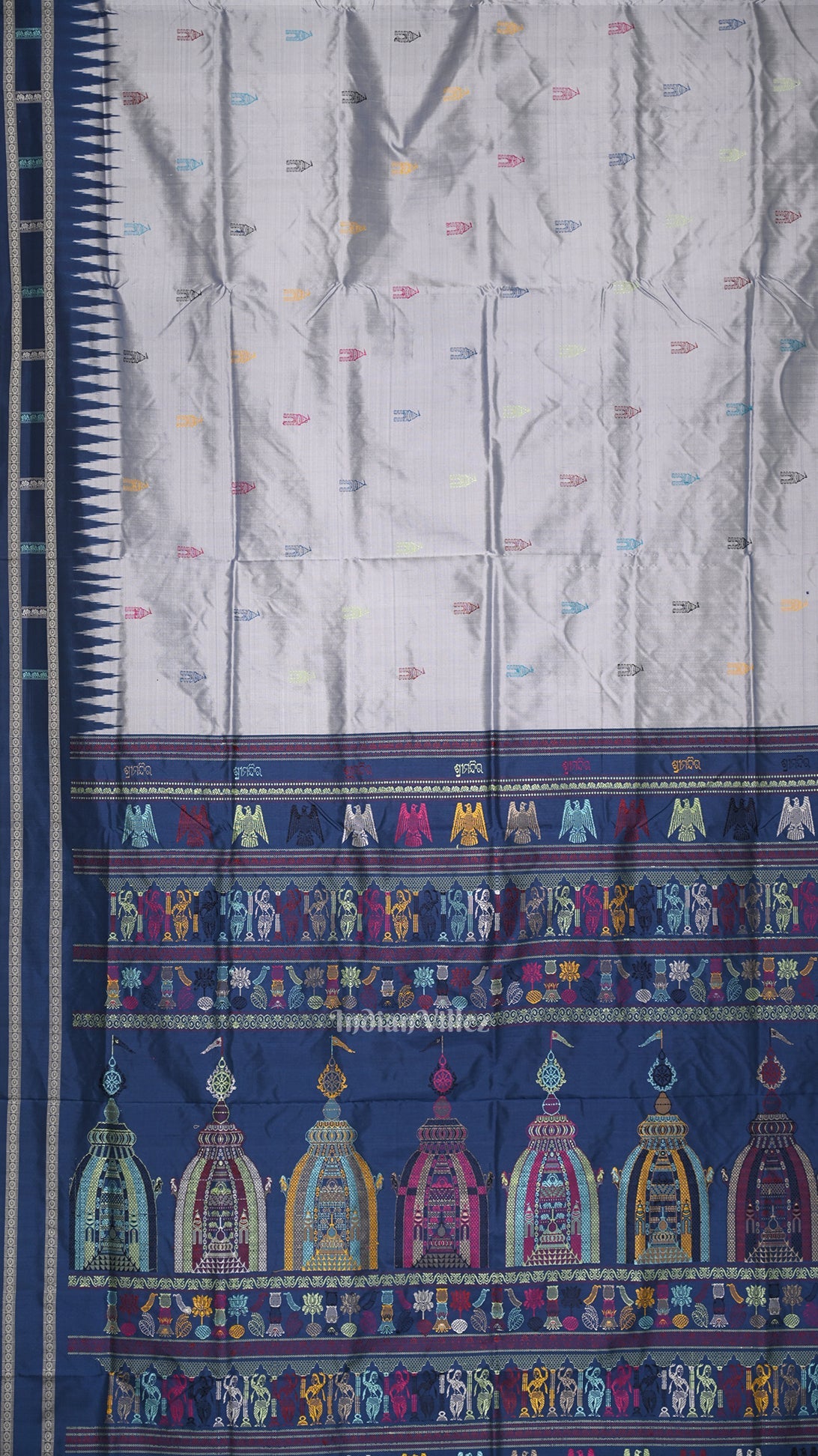 IndianVillèz Silver Blue Shree Mandir Theme Bomkai Sambalpuri Ikat Silk Saree - view 3