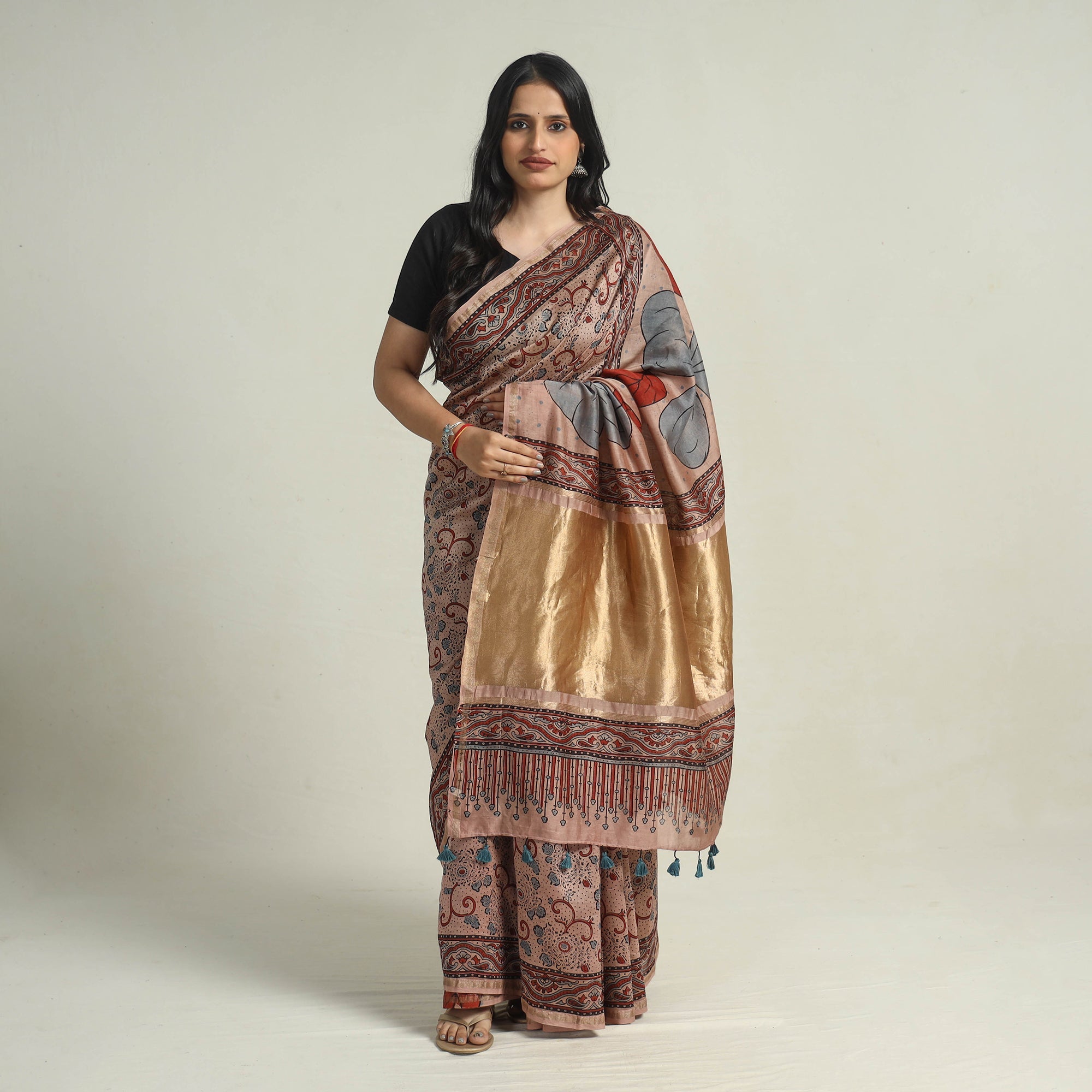 AJRAKH BY JABBAR KHATRI Brown - Chanderi Silk Block Printed Ajrakh Saree 07